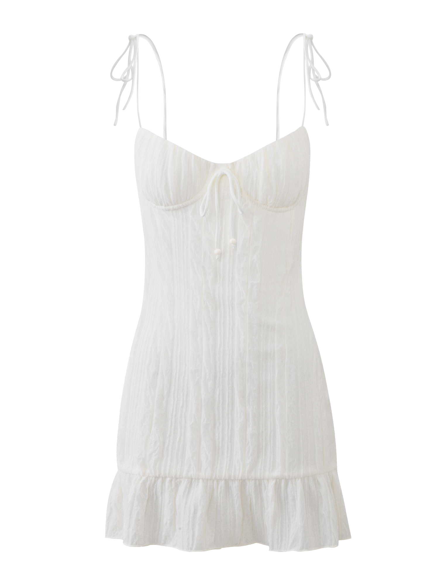 The TIGERMIST RANIA MINI DRESS in off white features tie shoulder straps, a fitted bodice with a dainty bow accent, and a playful frill hemline for effortless charm.