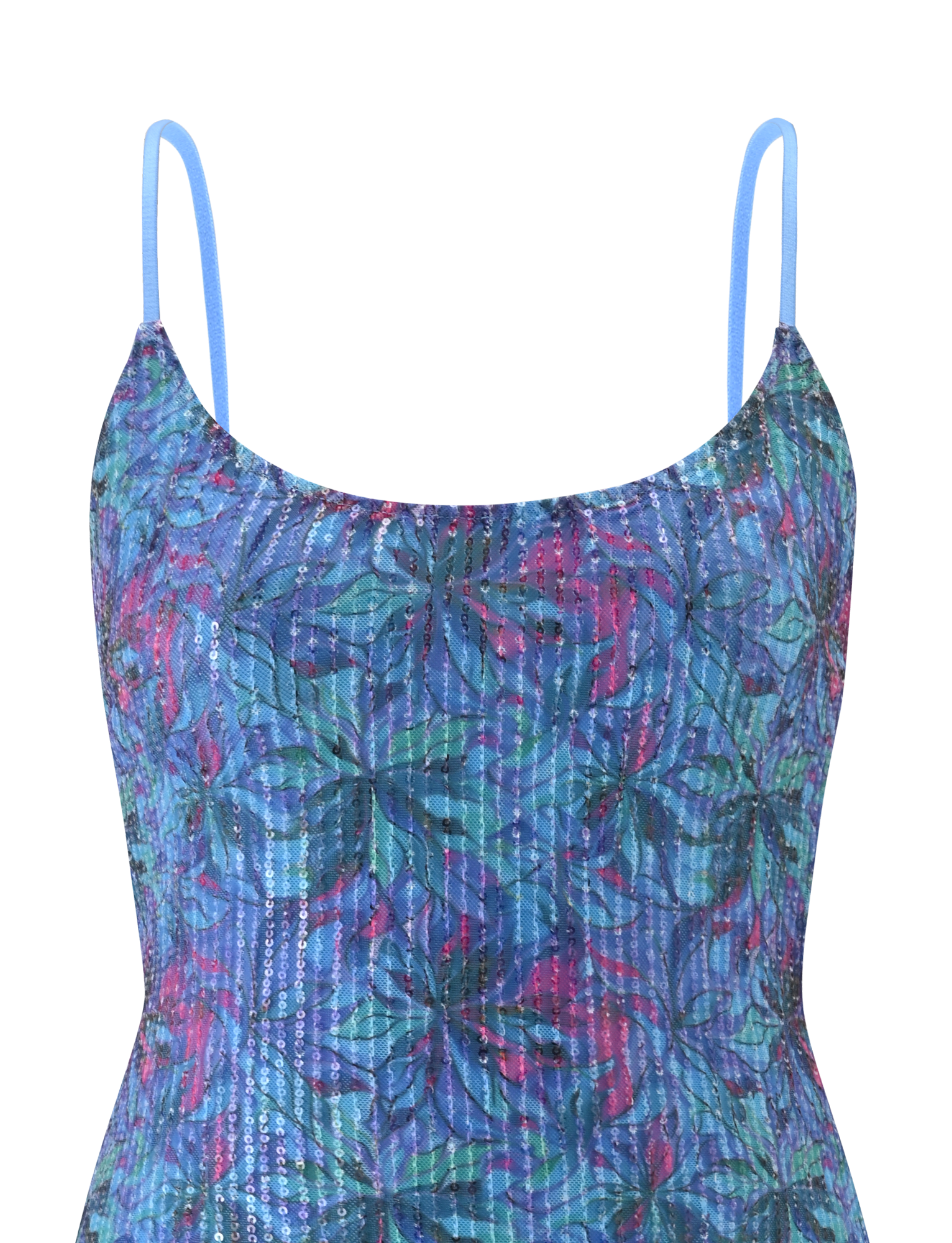 The ZEINA MINI DRESS by TIGERMIST features a sleeveless, fitted design with thin blue straps, shimmering blue, purple, and green floral sequins, and a stylish cutout back.