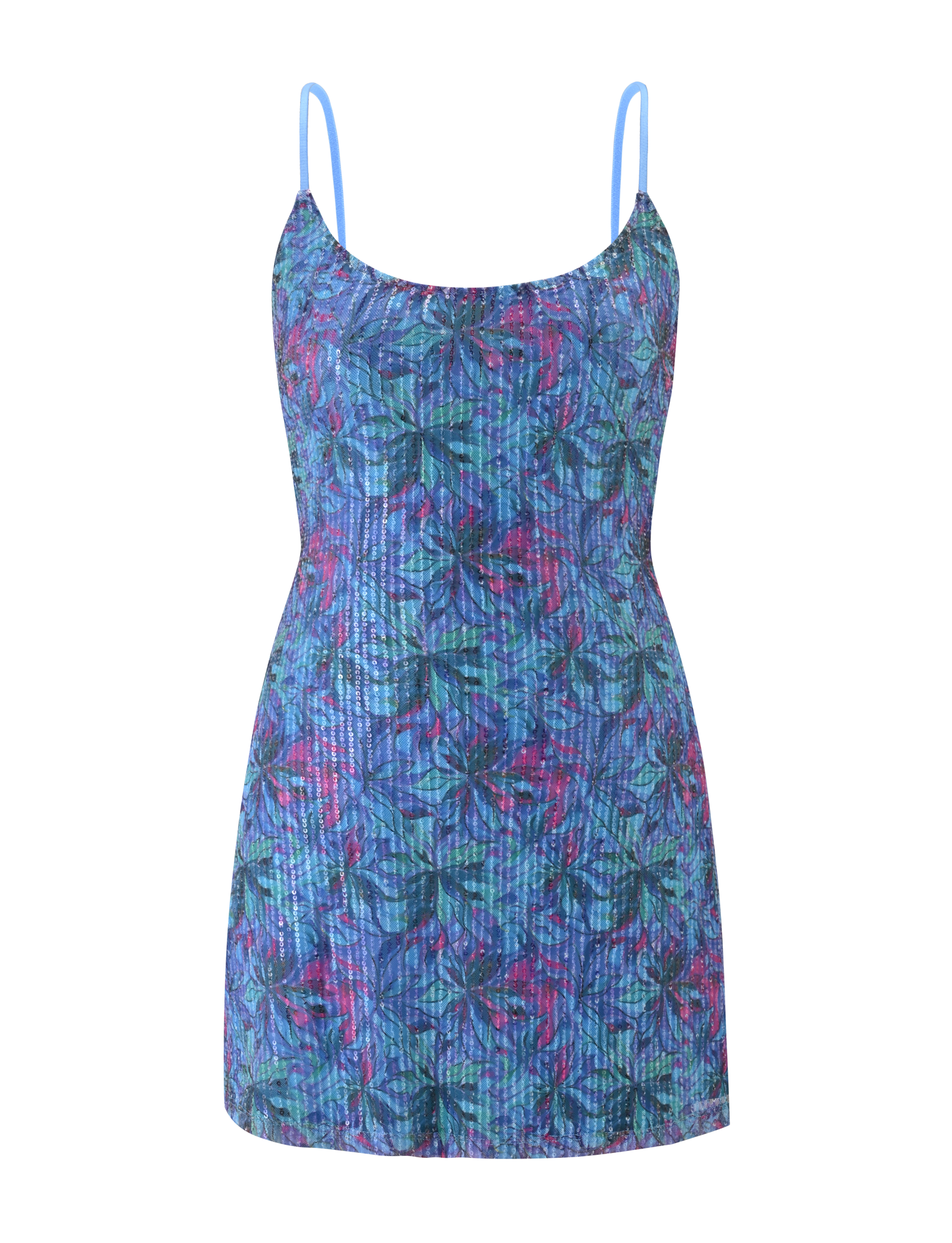 The ZEINA MINI DRESS by TIGERMIST is a sleeveless blue floral sequin slip dress with thin straps, a scalloped hem, and a vibrant print in blue, green, and pink. Displayed on a plain, striped background.