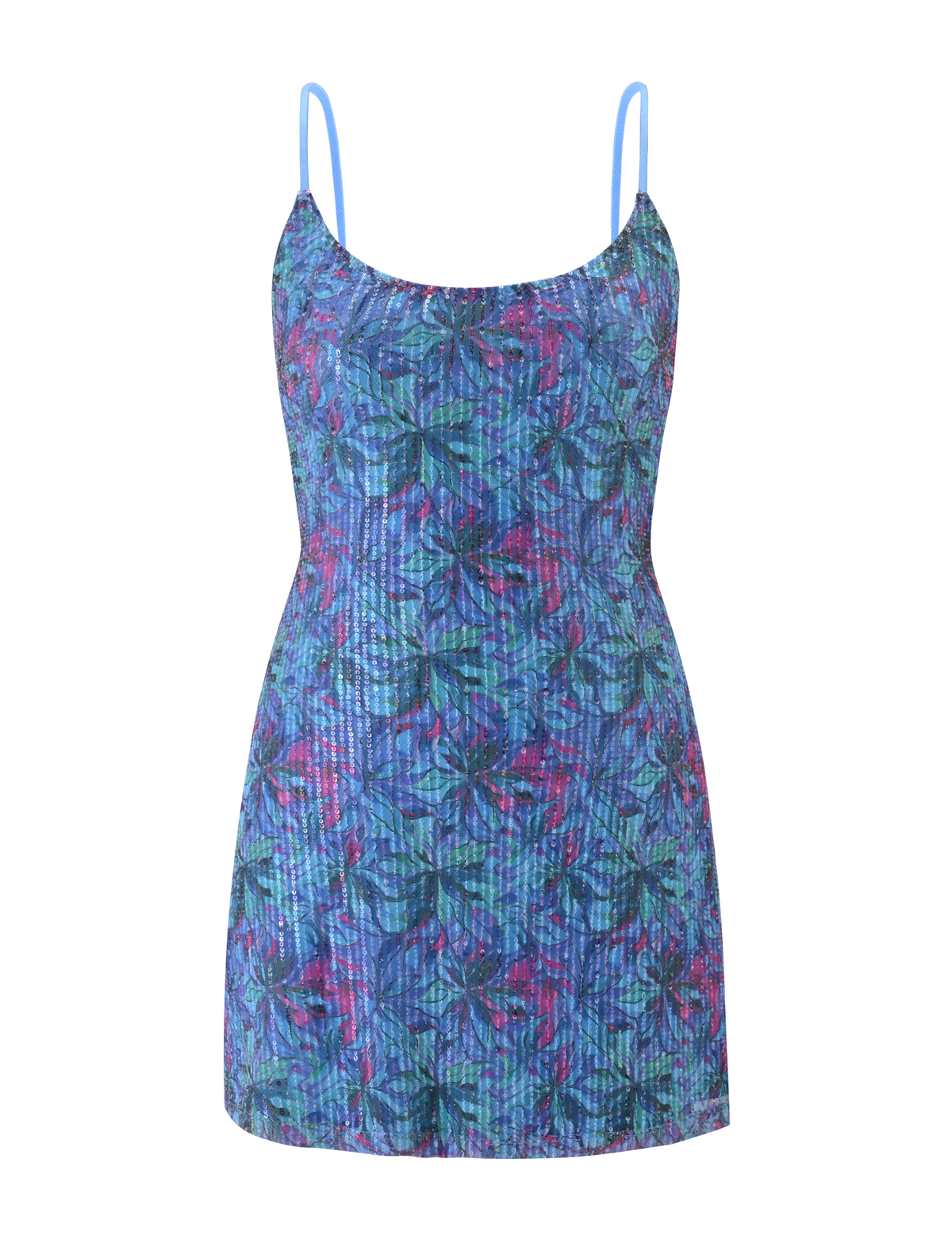 The ZEINA MINI DRESS by TIGERMIST is a sleeveless blue floral sequin slip dress with thin straps, a scalloped hem, and a vibrant print in blue, green, and pink. Displayed on a plain, striped background.