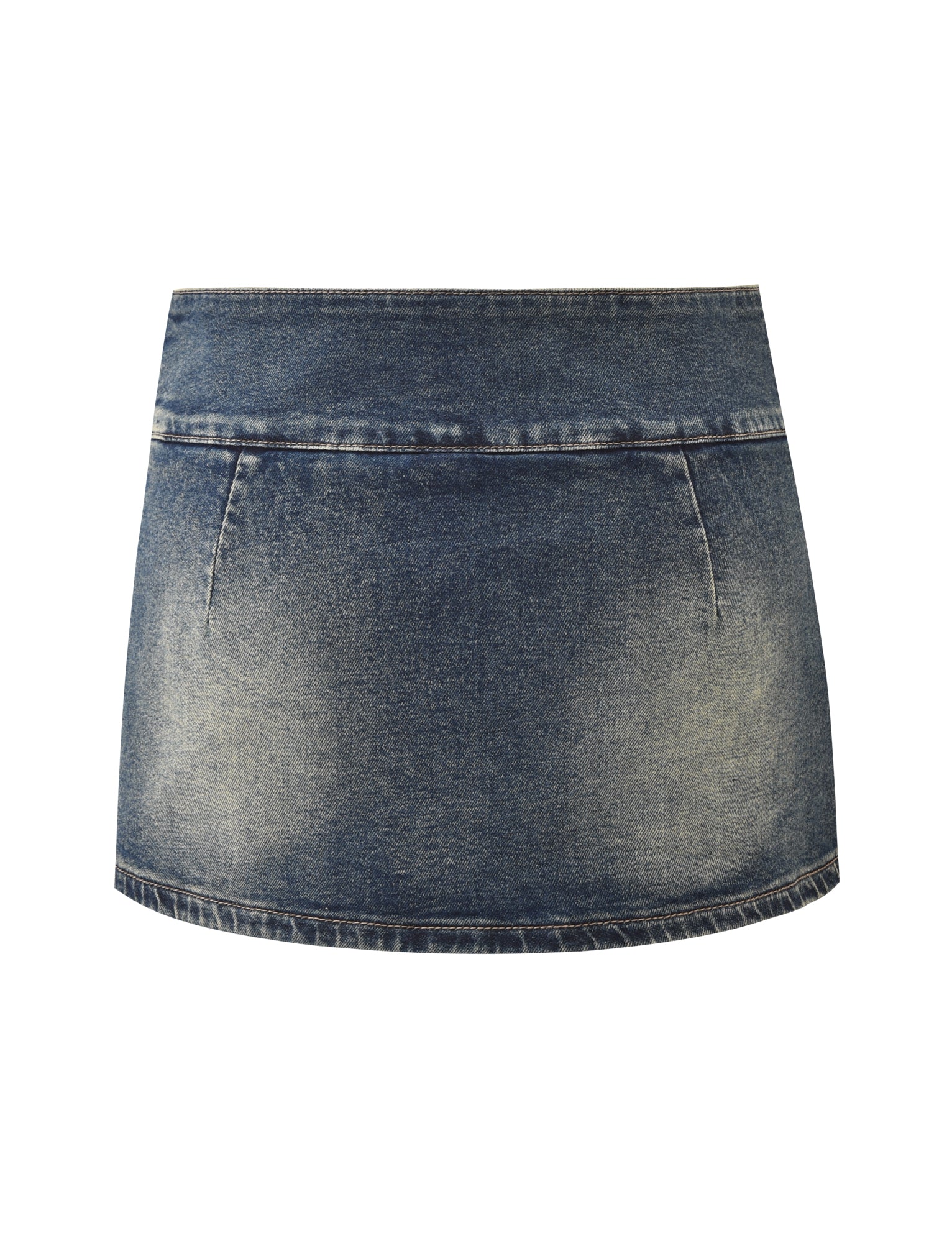 The LUPITA SKORT - MID WASH by TIGERMIST is a blue denim mini skort with a faded wash, wide waistband, side pockets, straight hem, and in-built shorts for comfort. Shown on a white background.