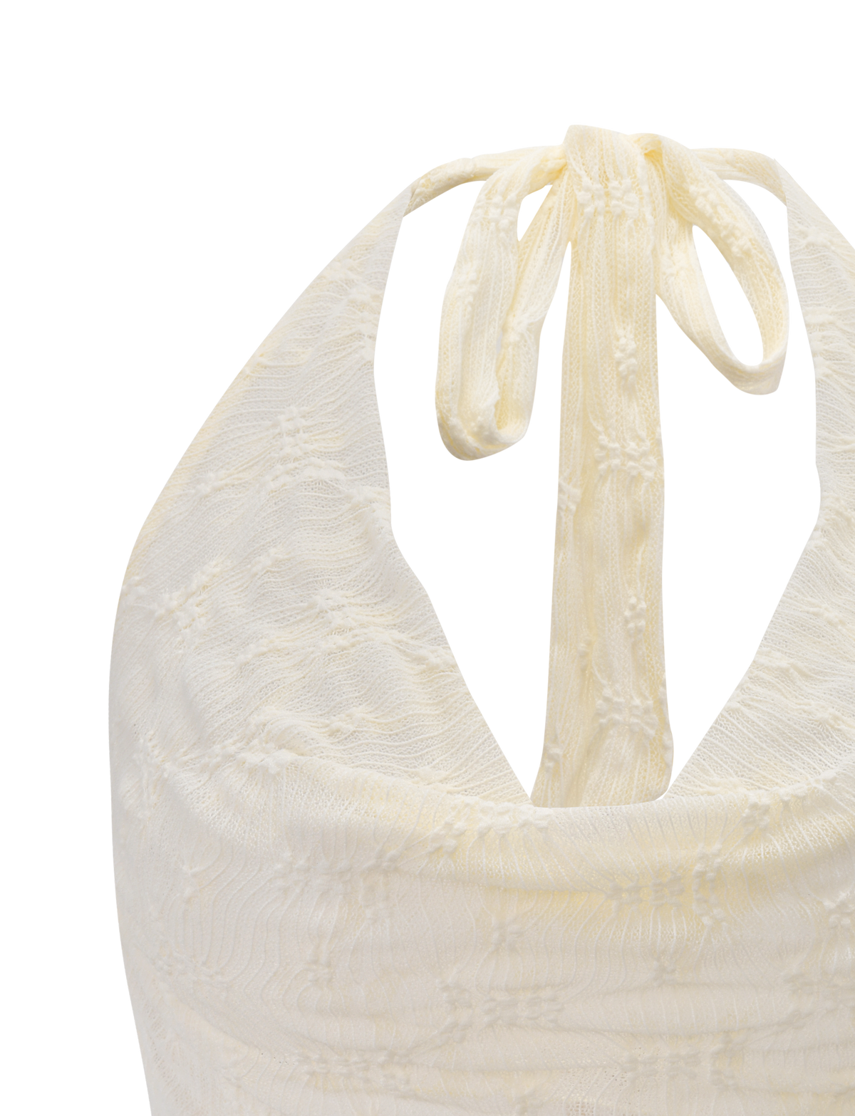 The TIGERMIST KATERINA TOP - IVORY LACE is a cream-colored cowl neck halter with an ivory floral lace pattern and neck tie, shown on a plain white background.