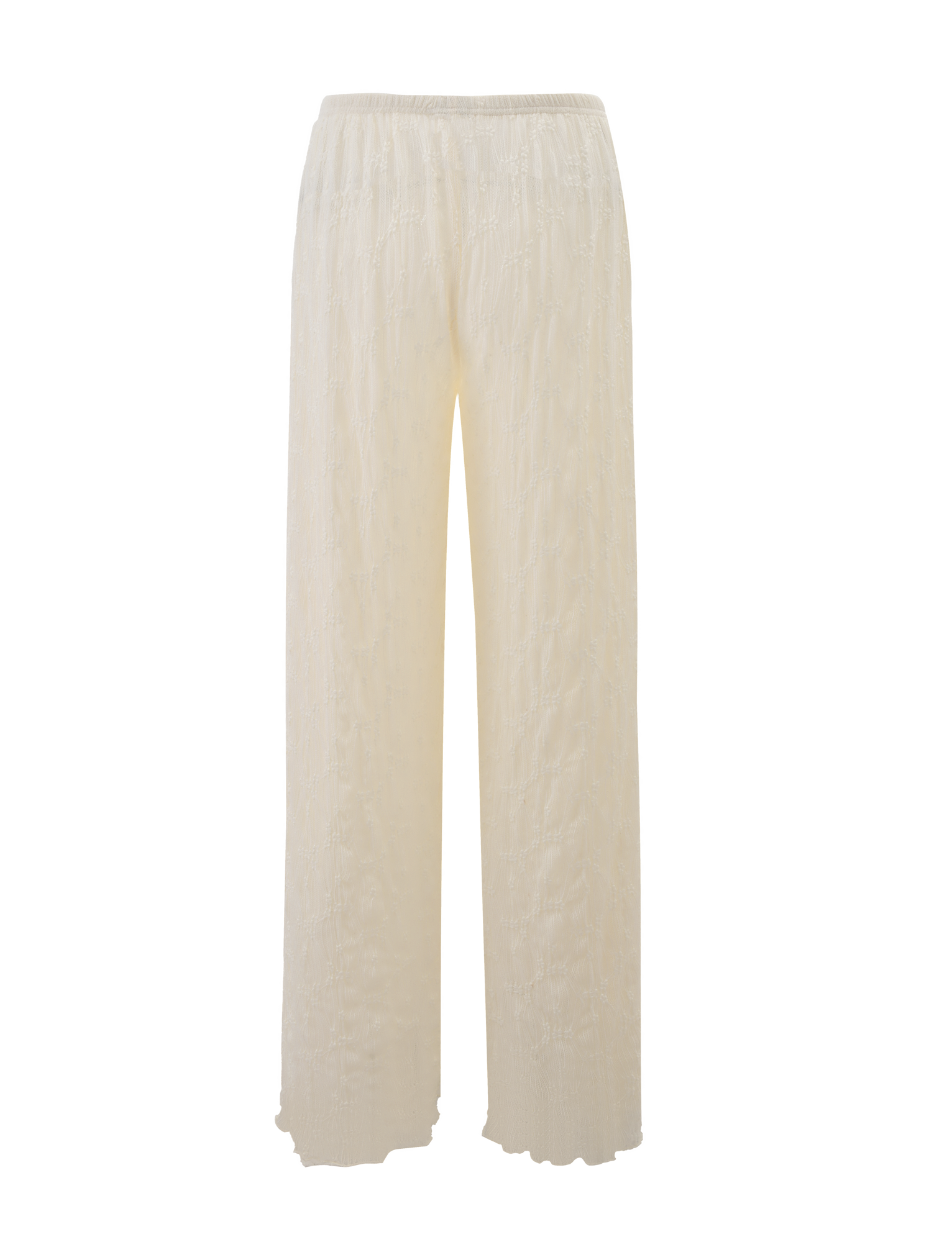 The KATERINA PANT - IVORY LACE by TIGERMIST features wide legs, a high waist, an elasticated band, and a delicate floral lace pattern, shown here in cream against a white background.