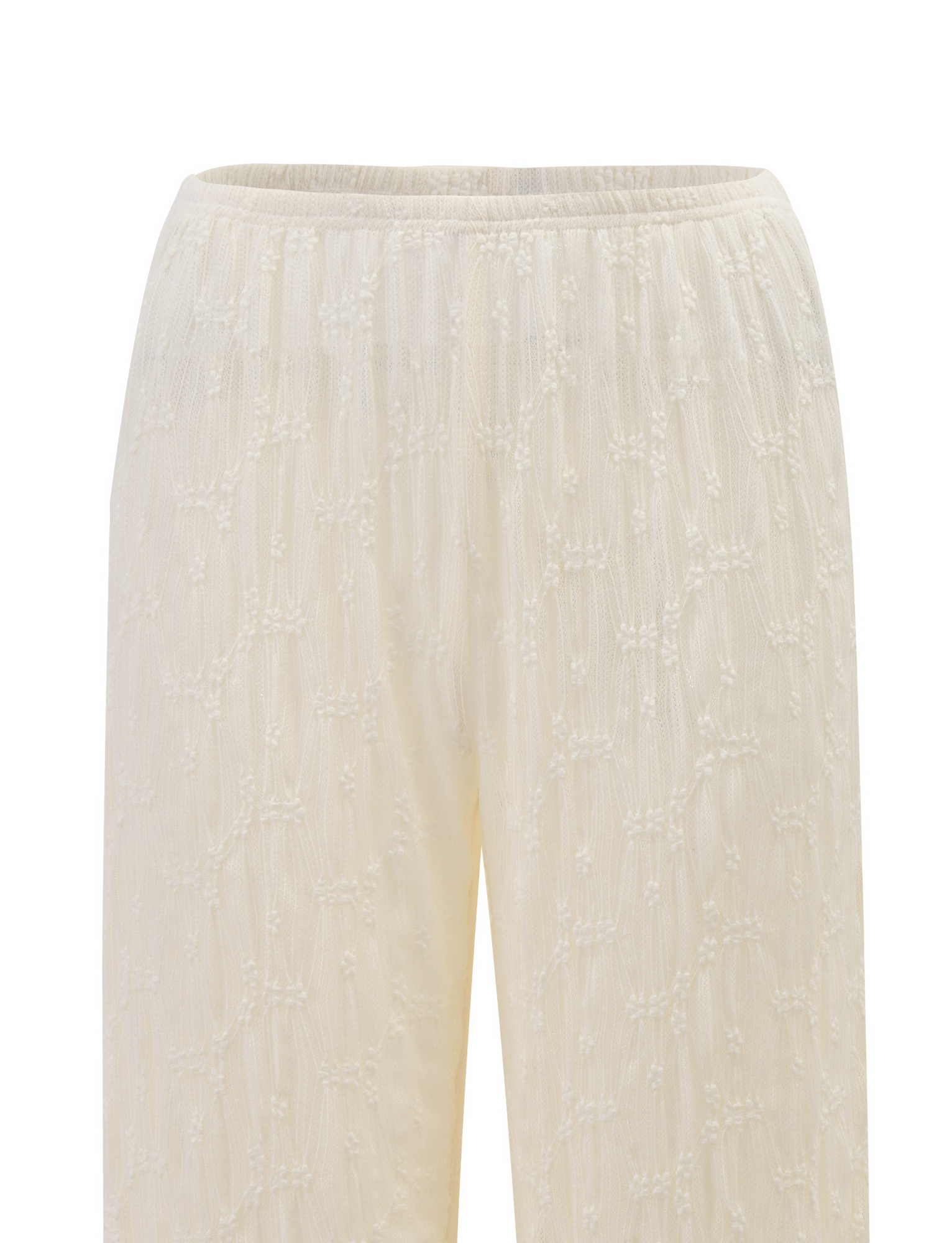 Close-up of TIGERMIST’s KATERINA PANT in ivory lace, featuring an elasticated waist and a delicate, textured grid pattern with embroidered dots and lines.