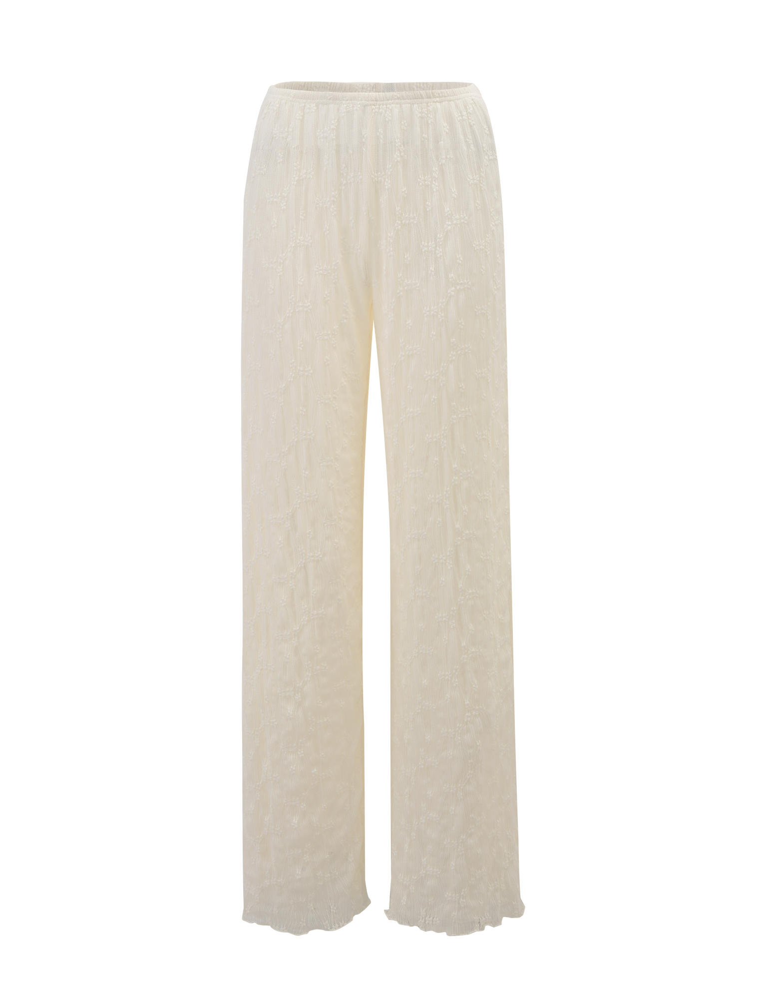 The KATERINA PANT - IVORY LACE by TIGERMIST features a high-waisted, wide-leg fit with floral lace, an elasticated waist, and a lightweight, semi-sheer textured design.