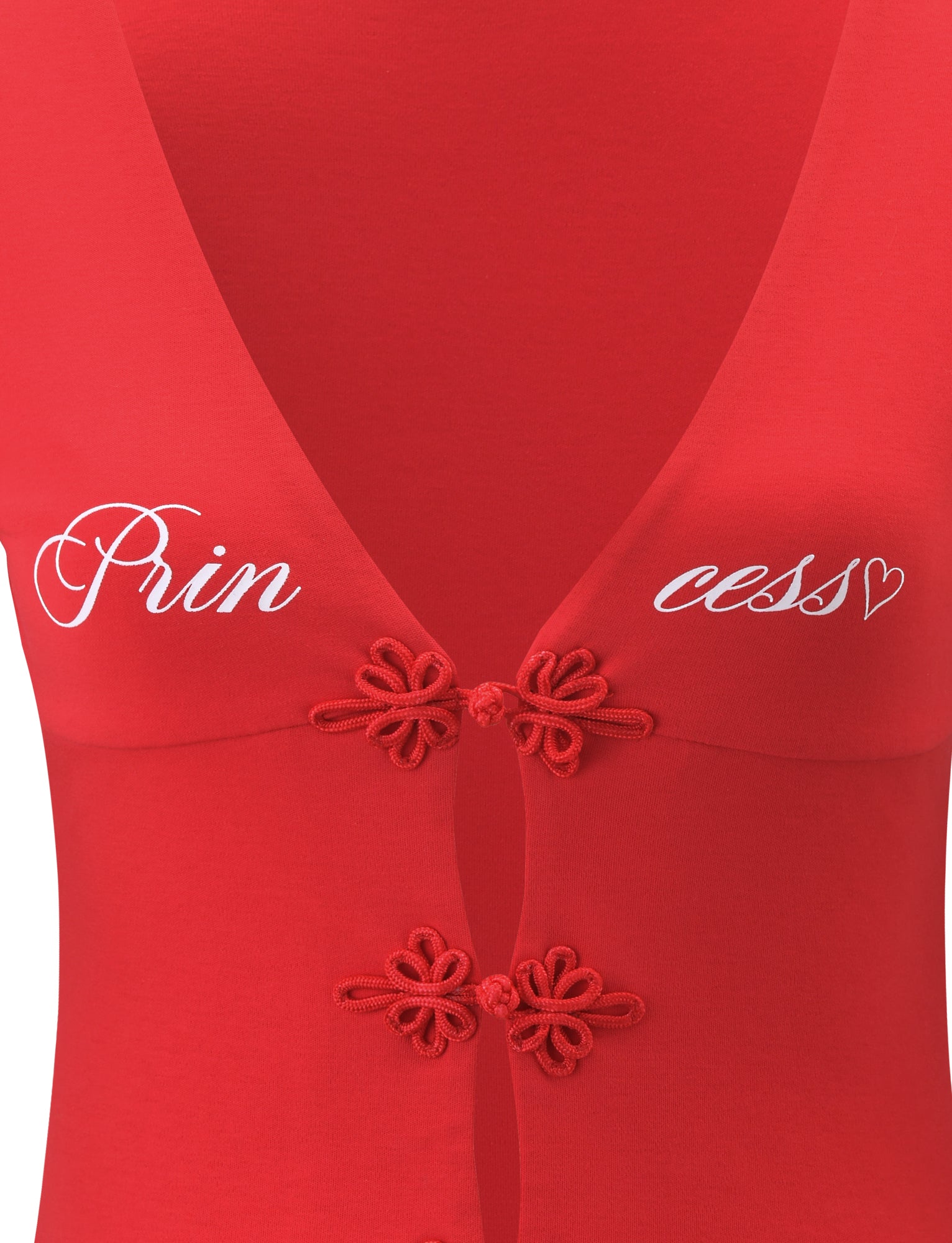 Close-up of the TIGERMIST SAVINA TOP in red, featuring a deep V neckline, embroidered buttons, and "Princess" in white script with a heart graphic across the chest.