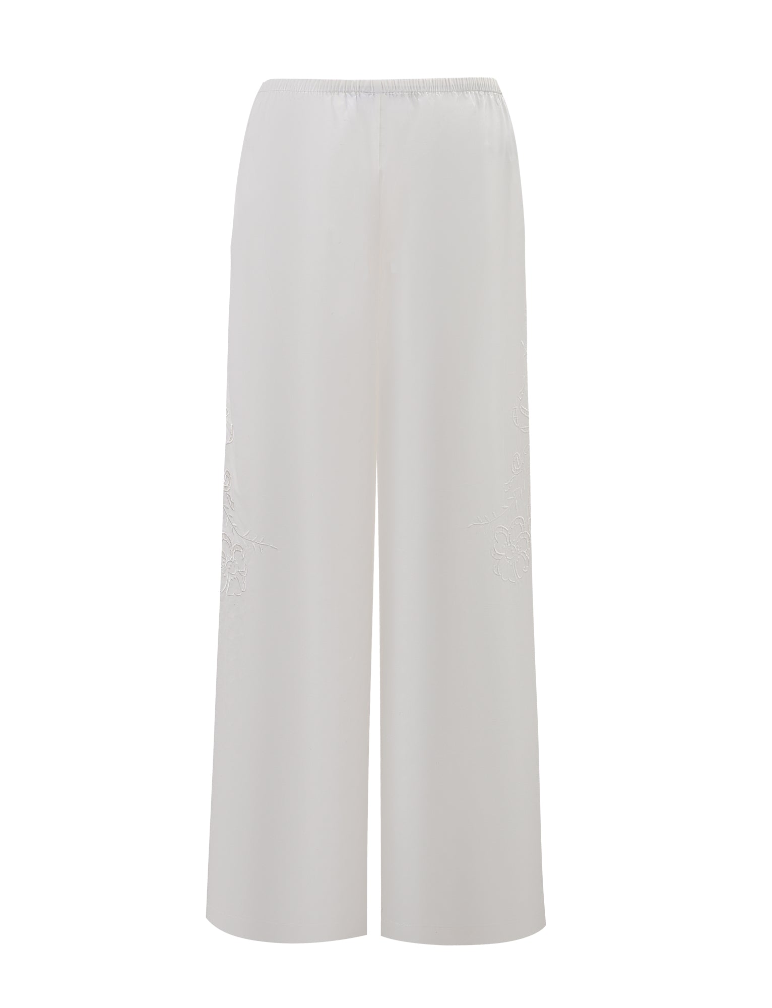 The TIGERMIST CRESSY PANT - WHITE is a full-length, wide-leg cotton pant featuring a high waist, elastic waistband, and subtle leg embroidery, shown against a plain white background.