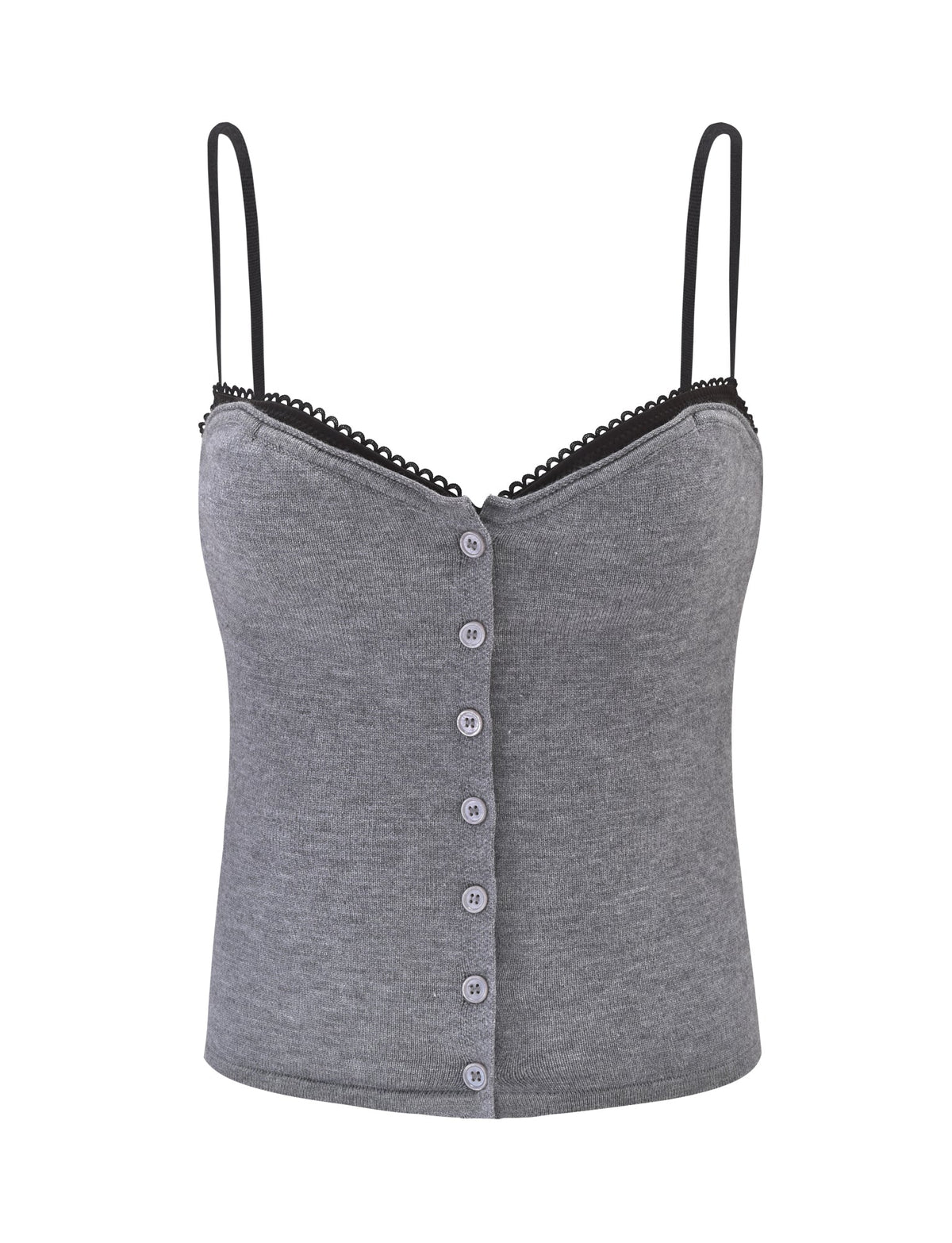 The ROWENA TOP - GREY by TIGERMIST is a gray sleeveless camisole featuring adjustable black spaghetti straps, black lace trim at the neckline, and white buttons down the front.