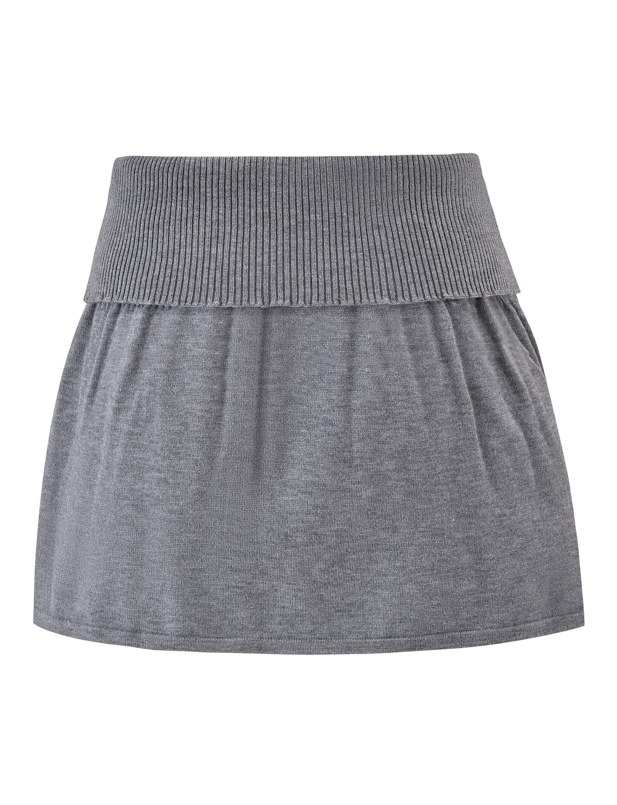 The ROWENA MINI SKIRT in grey by TIGERMIST features a pull-on design with a wide ribbed waistband and softly gathered knit fabric, shown against a white background.
