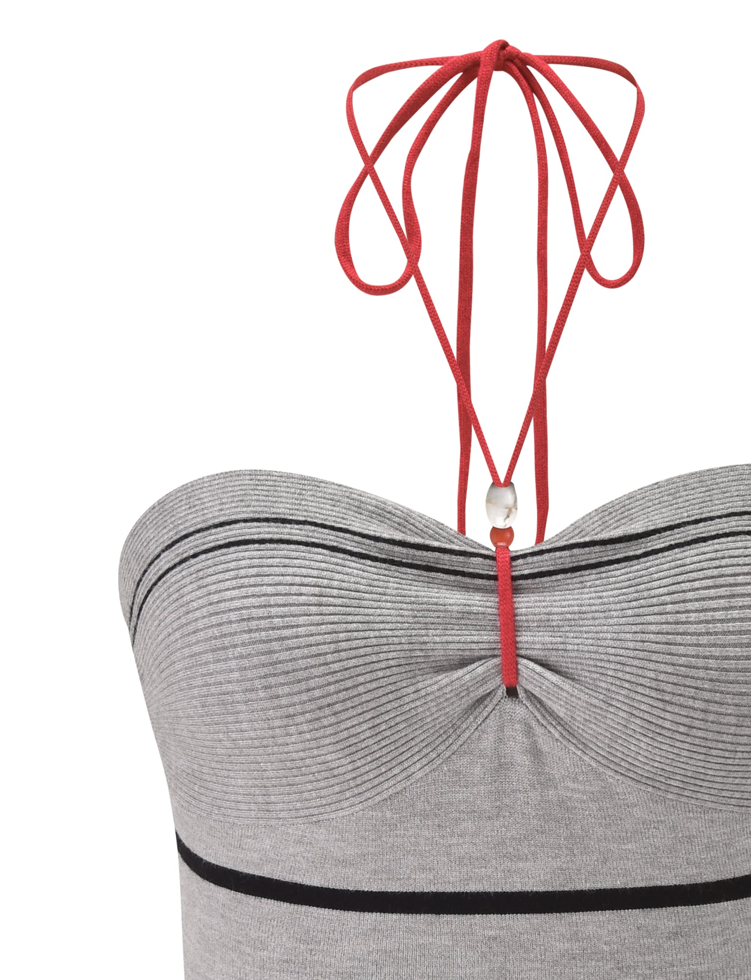 The TIGERMIST NOUR TOP - GREY STRIPE is a grey striped tube top with black stripes, a gathered center, beaded detail, and a thin red halter neck tie threaded through a white bead at the front.