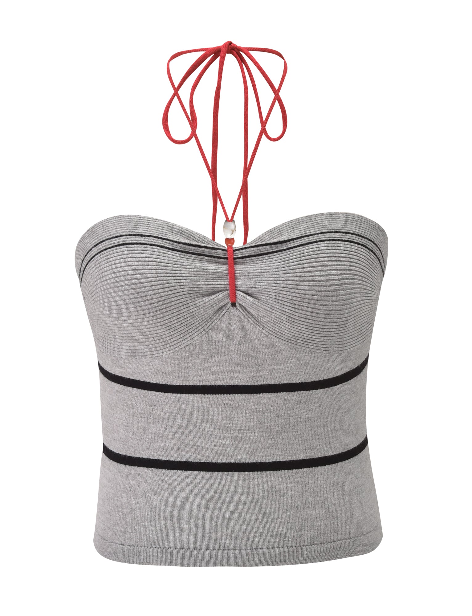 The NOUR TOP - GREY STRIPE by TIGERMIST is a stylish knit tube top with horizontal black stripes, a ruched front, and a red halter neck tie.