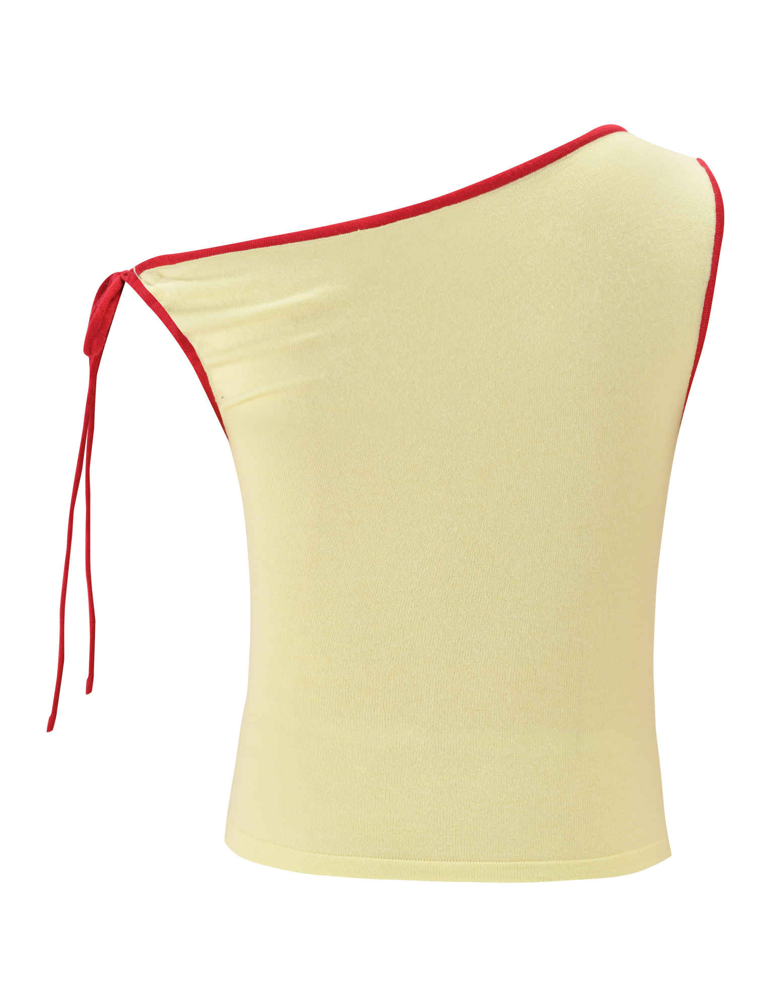 The ALIRA TOP - YELLOW by TIGERMIST is a sleeveless, off-shoulder top in pale yellow with an asymmetrical neckline, featuring a red contrast edge and tie strap. The stretchy fabric offers a fitted, modern look.