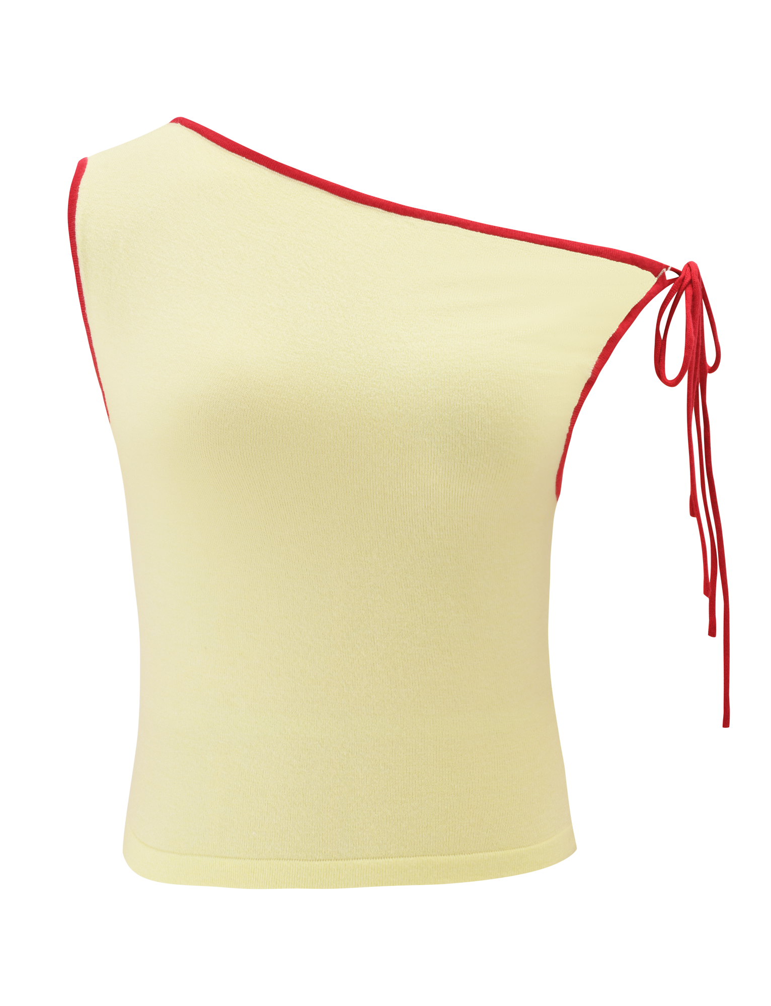 The ALIRA TOP by TIGERMIST is a sleeveless, pale yellow one-shoulder top with an asymmetrical neckline and a bold red tie detail on the shoulder.
