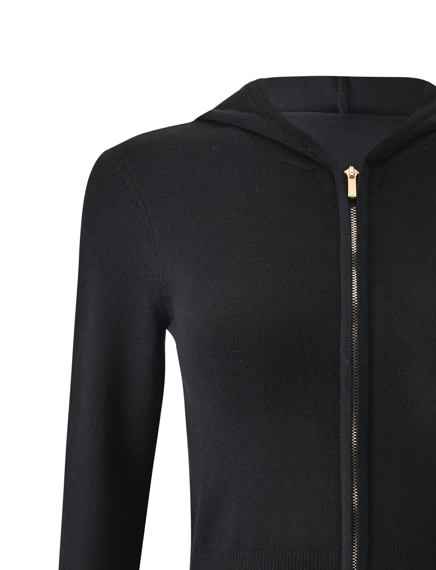 Close-up of the TIGERMIST SARINA JUMPER in black, featuring a gold zipper and highlighting the shoulder, hood, and chest area.