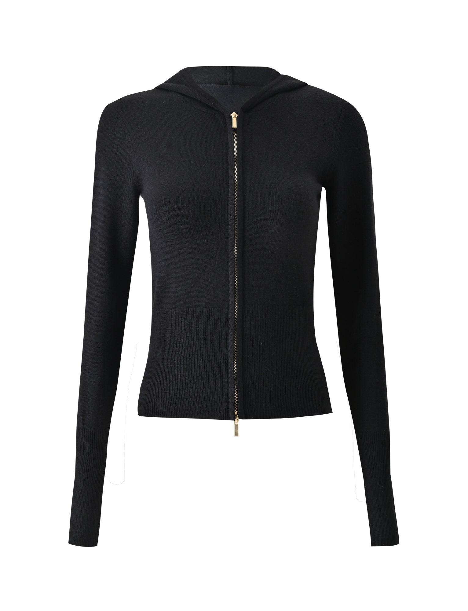 The TIGERMIST SARINA JUMPER - BLACK is a fitted black knit hoodie with long sleeves and a gold front zipper closure, shown against a plain white background.