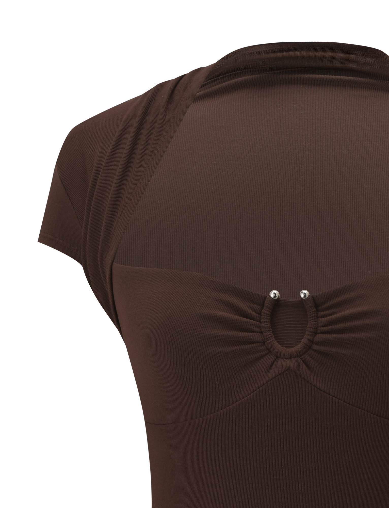 Close-up of the back of the TIGERMIST LUNARA TOP in chocolate, showcasing a keyhole cutout with a circular ring and two silver studs at the center upper back.
