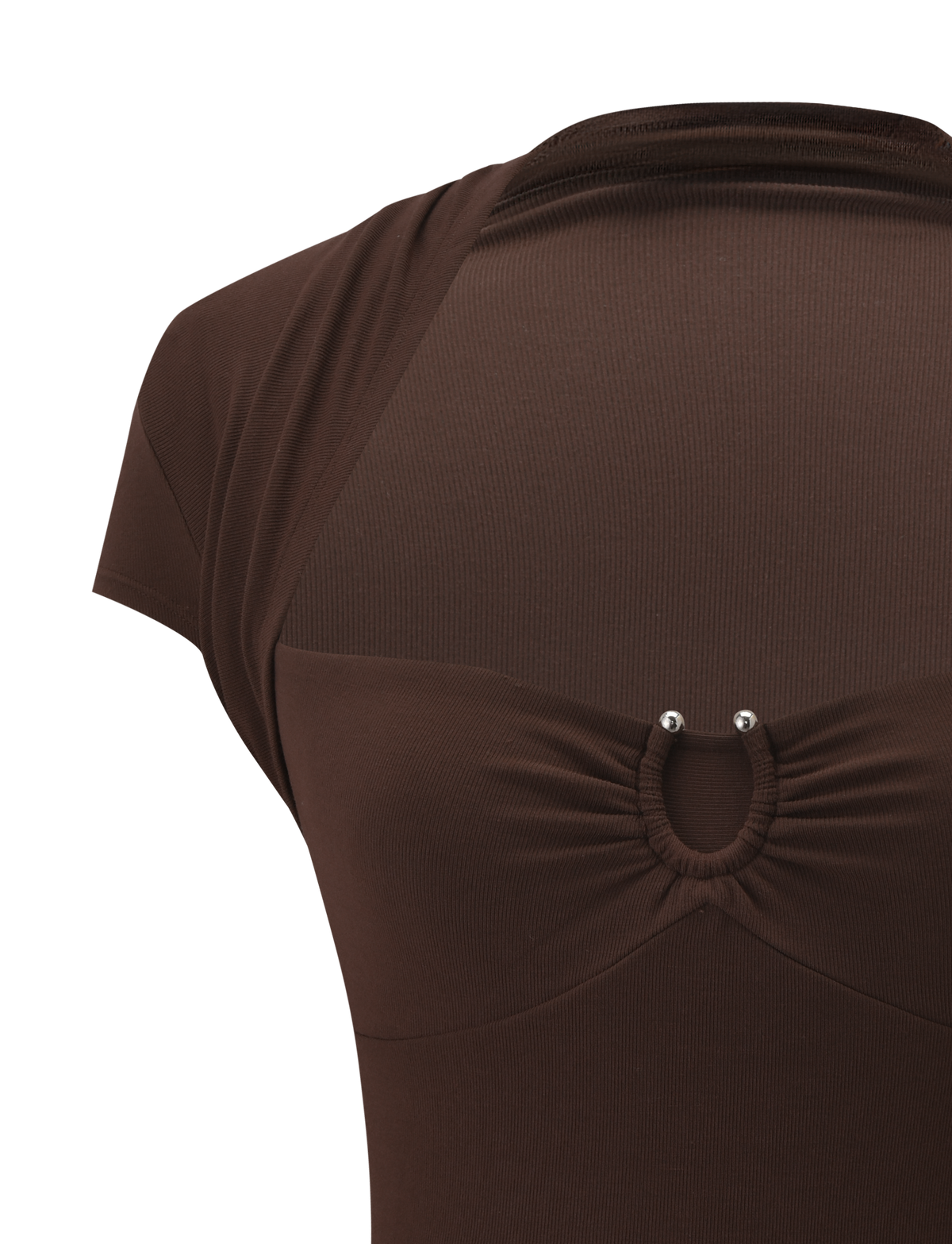 Close-up of the back of the TIGERMIST LUNARA TOP in chocolate, showcasing a keyhole cutout with a circular ring and two silver studs at the center upper back.