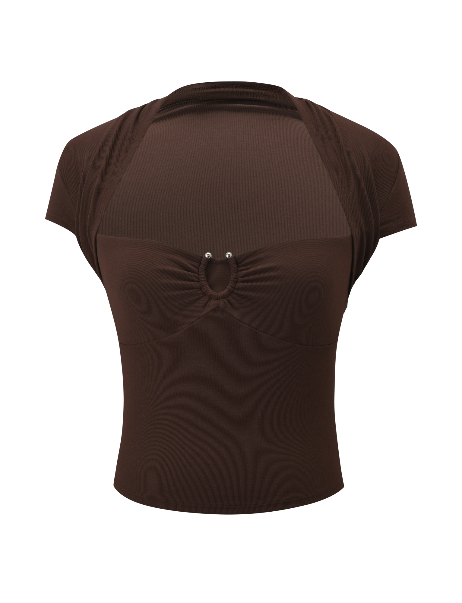 The LUNARA TOP - CHOCOLATE by TIGERMIST features short sleeves, a shawl neckline, mesh panels on the chest and shoulders, and a silver metal trim ring detail at the center front under the bust.