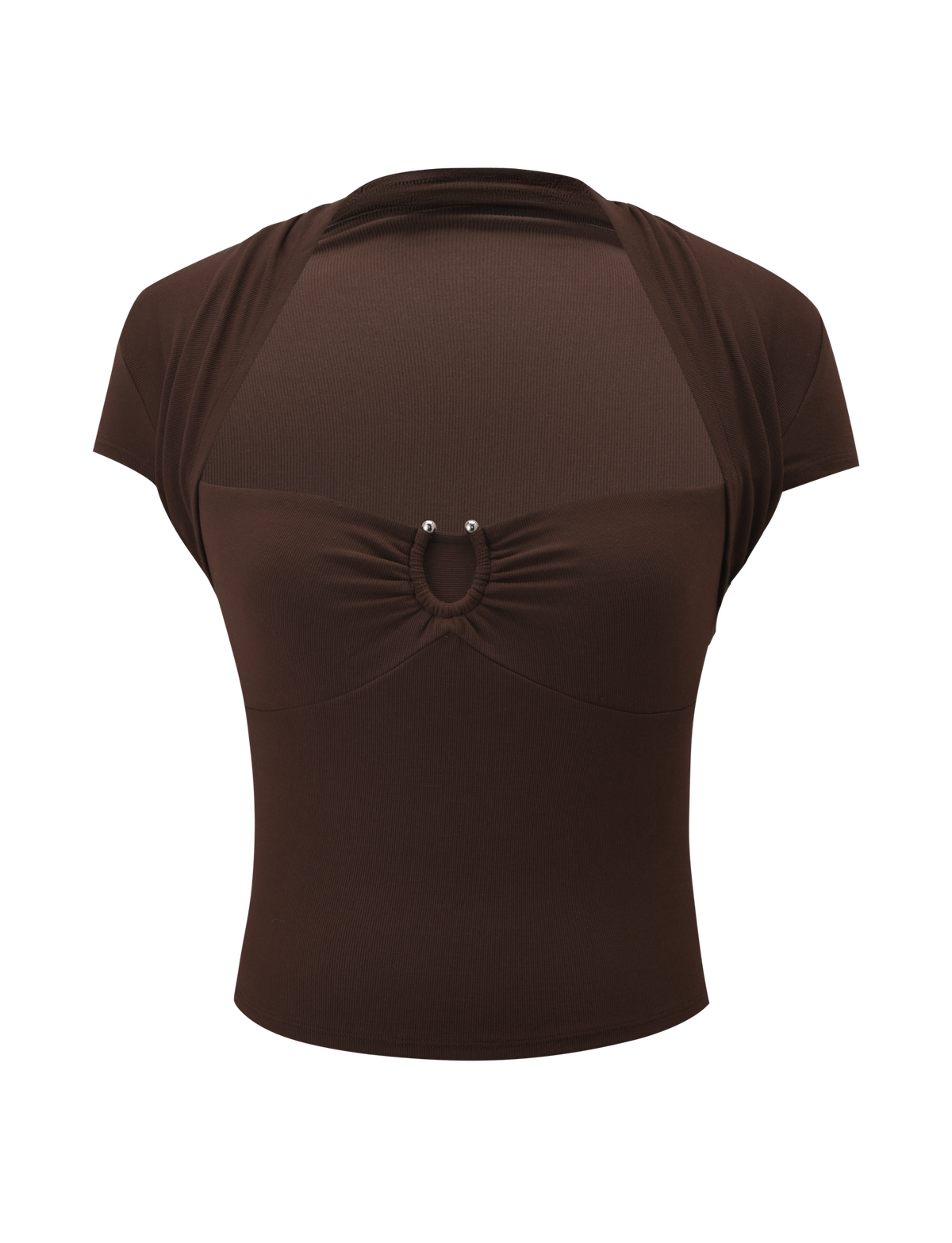 The LUNARA TOP - CHOCOLATE by TIGERMIST features short sleeves, a shawl neckline, mesh panels on the chest and shoulders, and a silver metal trim ring detail at the center front under the bust.