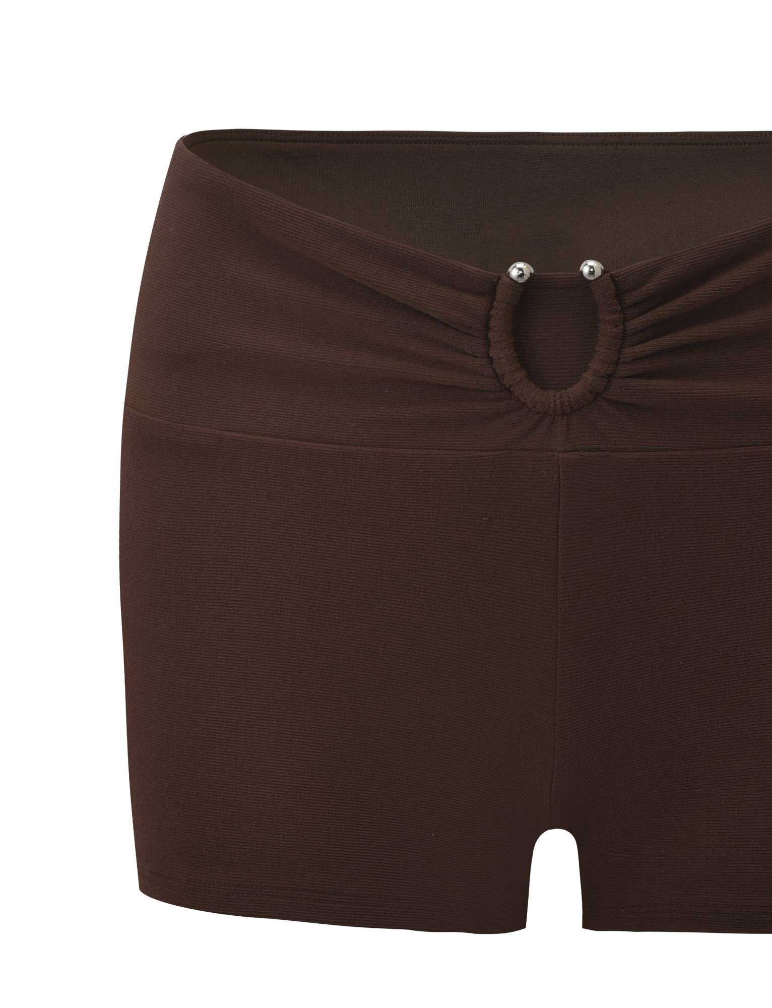 Close-up of the LUNARA SHORT - CHOCOLATE by TIGERMIST, featuring a high gathered waistband and an oval ruched cutout at the top, detailed with two metallic studs.