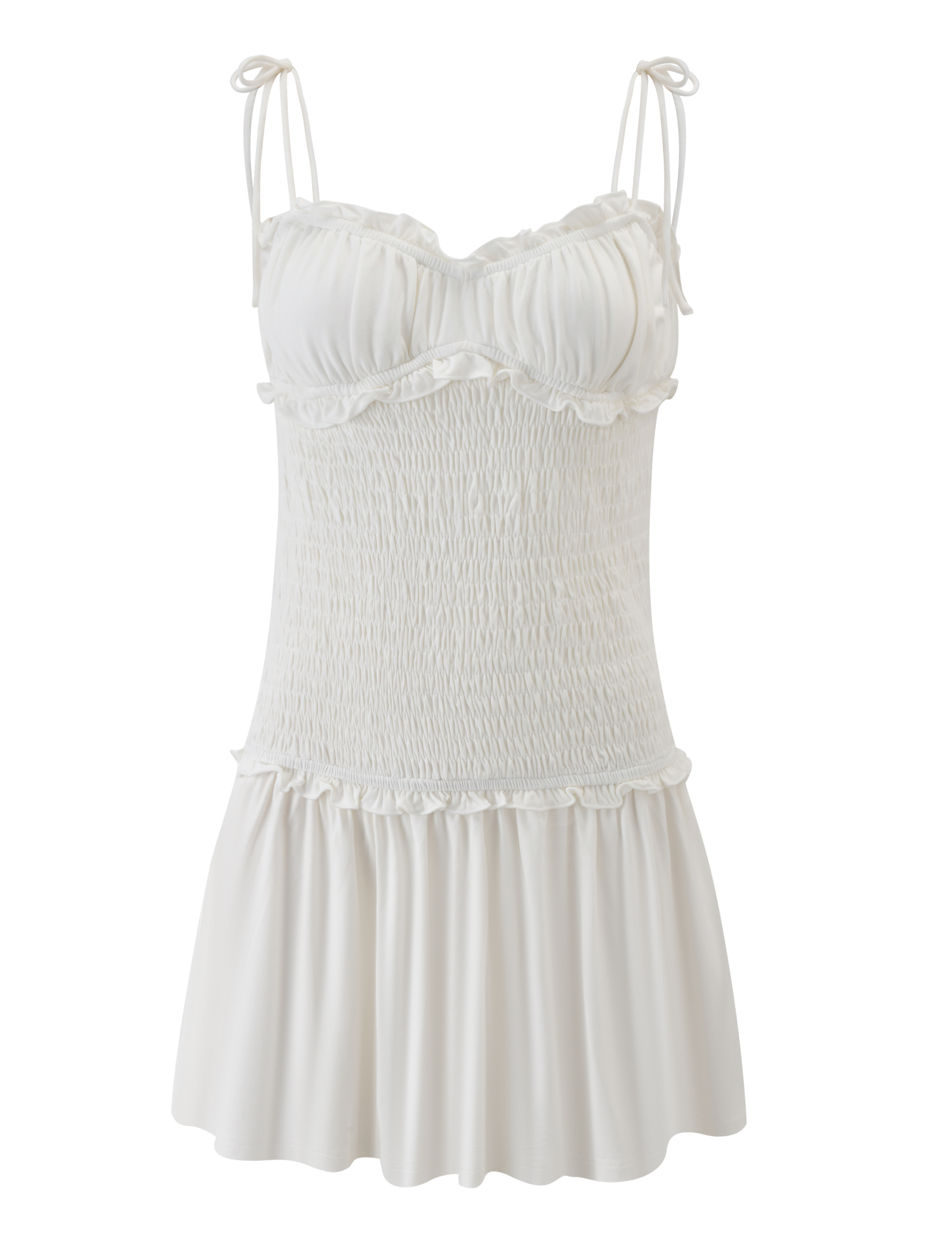 The SAFIRA MINI DRESS by TIGERMIST features thin straps, a ruched bodice, smocked waist, ruffle trim, and a flared skirt. Made from soft, lightweight fabric for a feminine and delicate style in white.