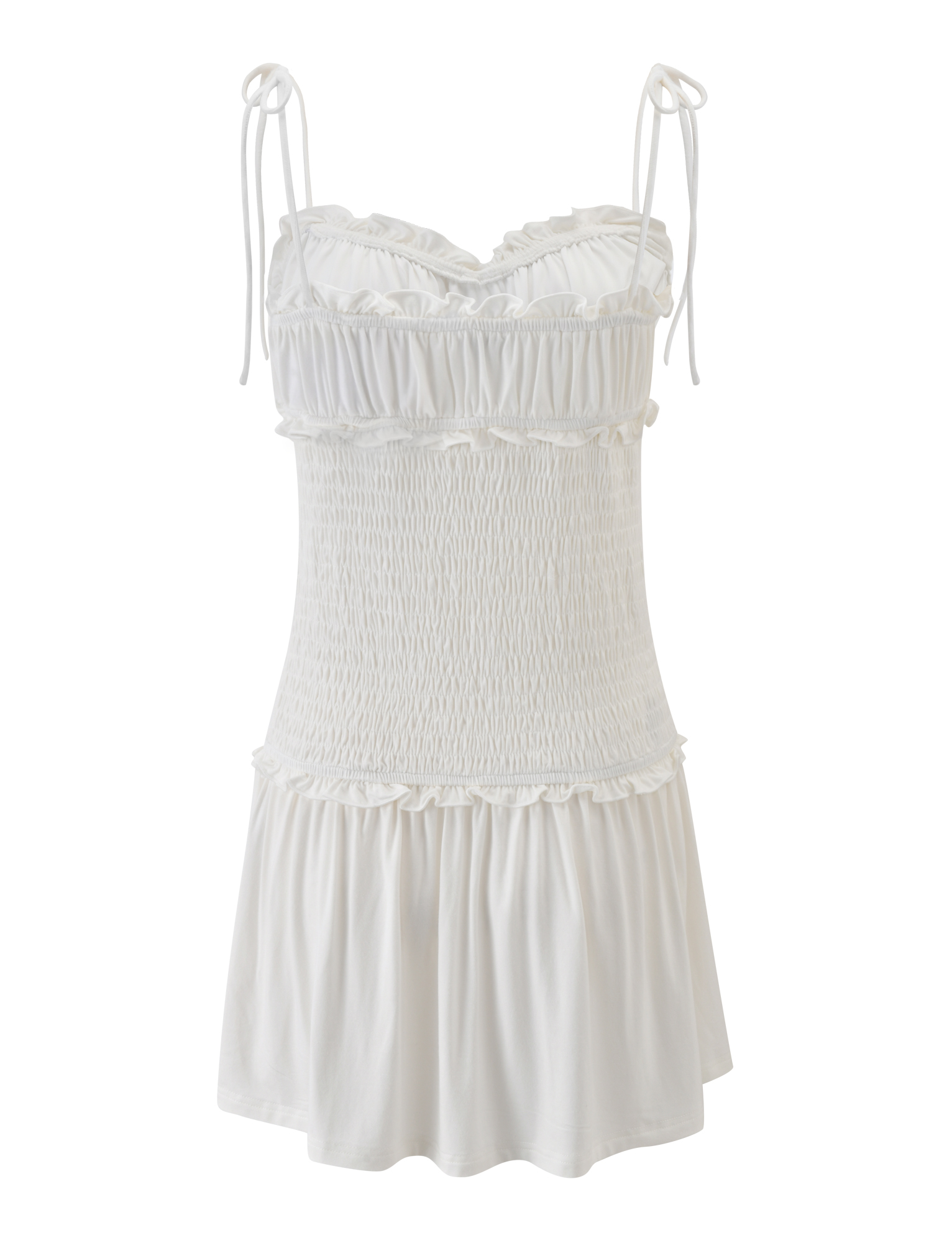 The SAFIRA MINI DRESS by TIGERMIST features adjustable spaghetti straps, a ruffled neckline, smocked waist, and flared skirt in white with delicate ruffle detailing for a feminine touch.