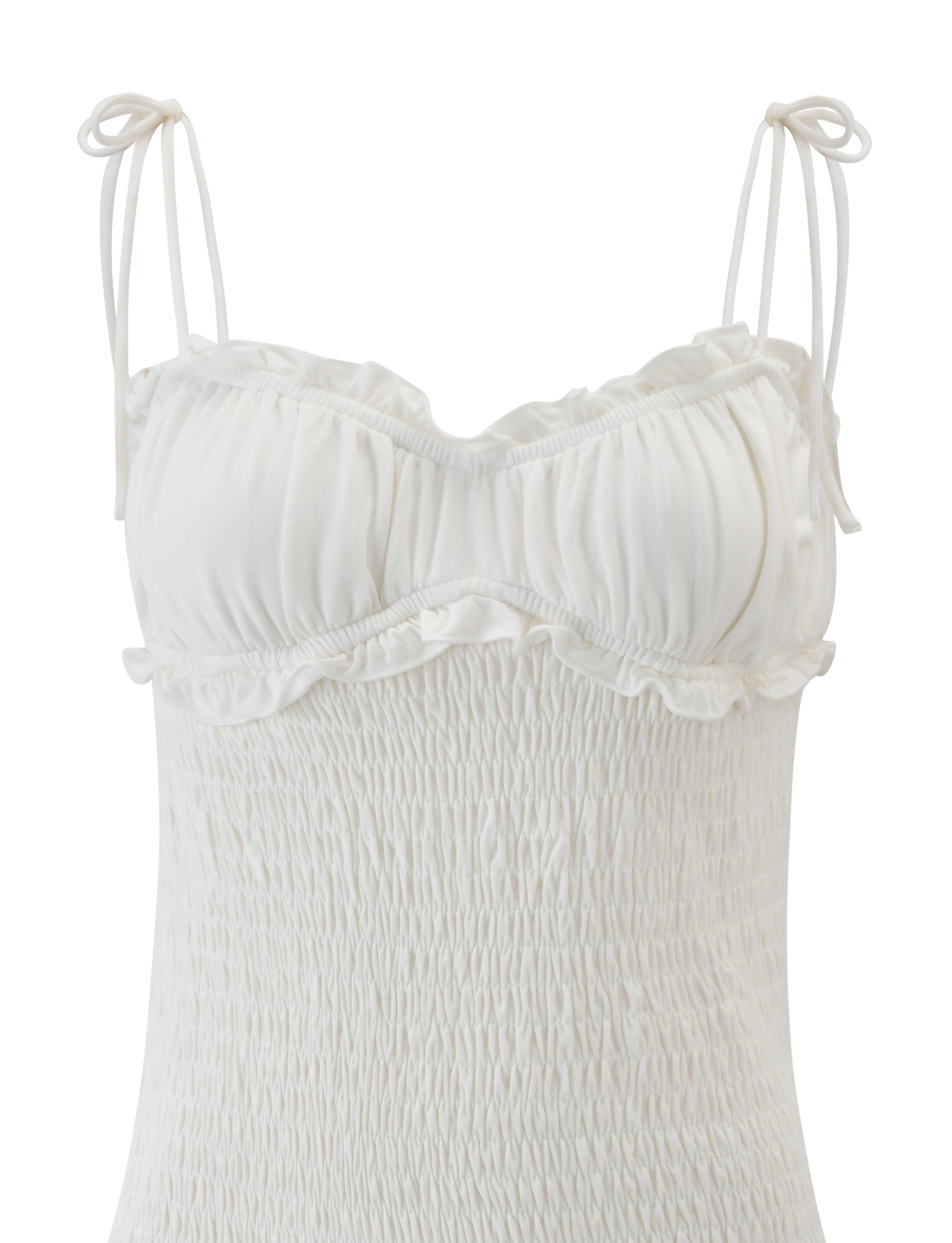 The SAFIRA MINI DRESS by TIGERMIST is a white mini dress featuring ruched fabric, ruffle detailing at the bust, a smocked waist, and thin tie shoulder straps.