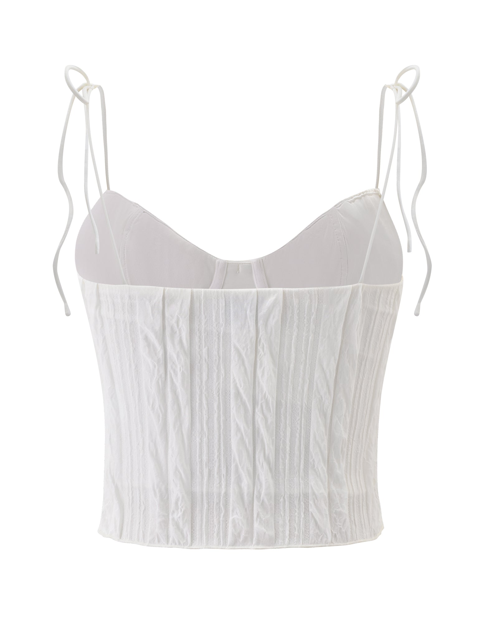 The RANIA TOP - OFF WHITE by TIGERMIST is a white, sleeveless corset-style top with a sweetheart neckline, vertical seams, and thin strappy shoulder straps tied into bows.