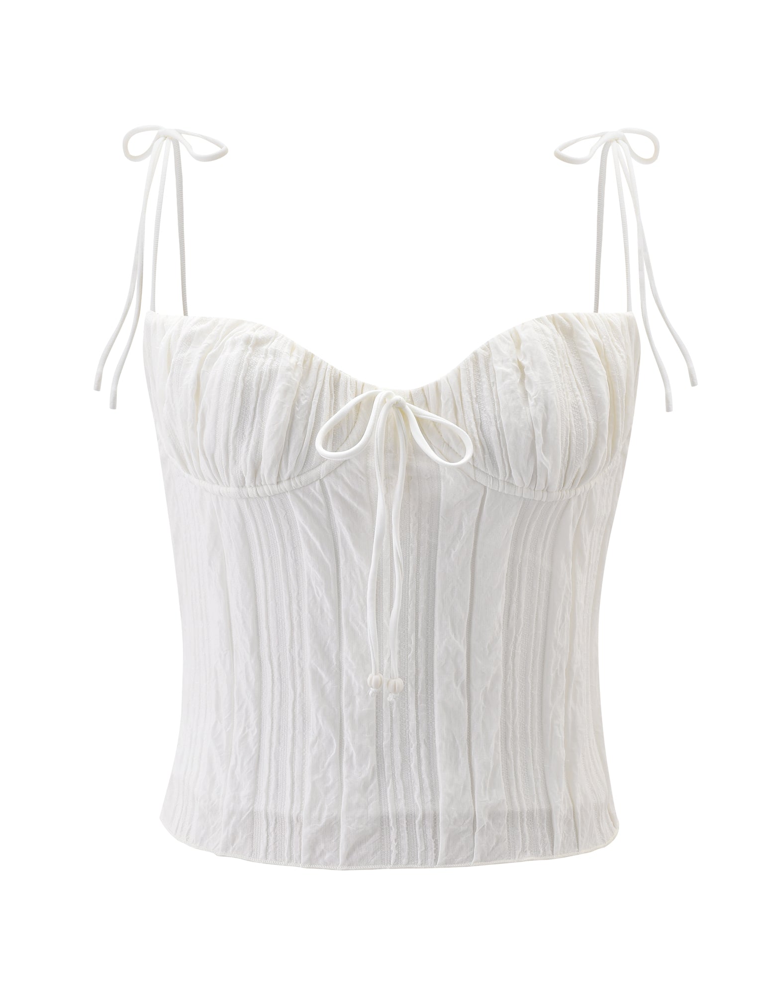 The RANIA TOP - OFF WHITE by TIGERMIST is a corset-style top with strappy shoulders, a front tie detail, crinkled fabric, and vertical seams for a fitted look.