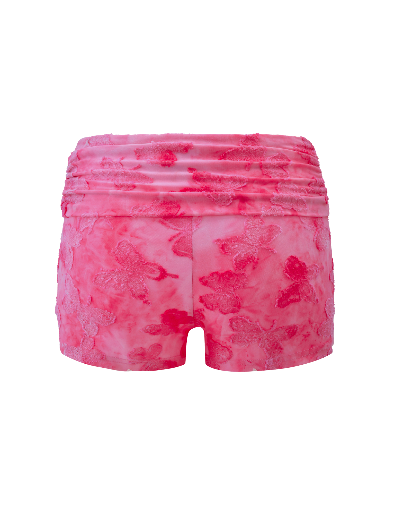 The TIGERMIST PATRIZIA SHORT - PINK BUTTERFLY features a pink floral texture, high waist, ruched waistband, and butterfly applique, shown from the back against a white background.