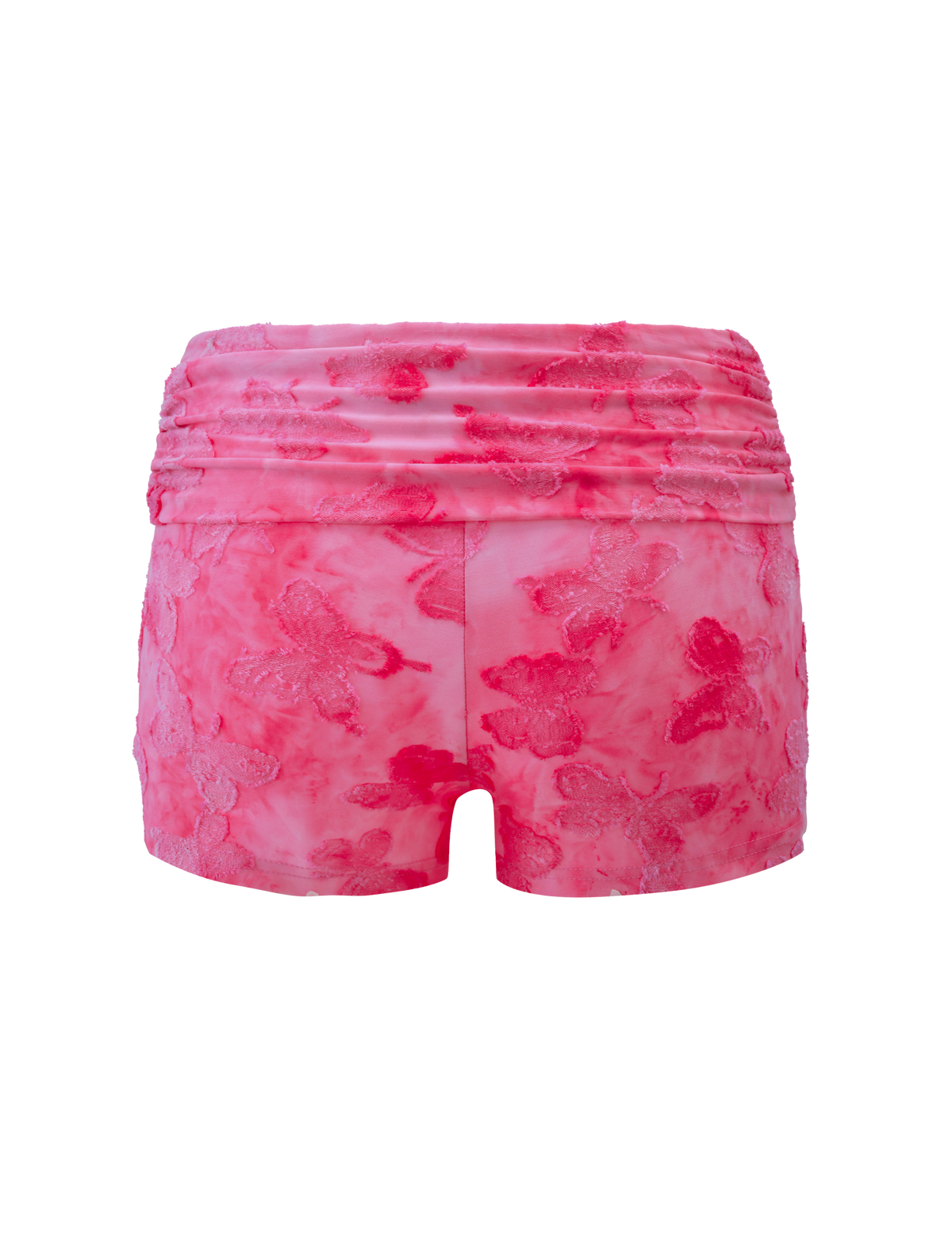 The TIGERMIST PATRIZIA SHORT - PINK BUTTERFLY features a pink floral texture, high waist, ruched waistband, and butterfly applique, shown from the back against a white background.