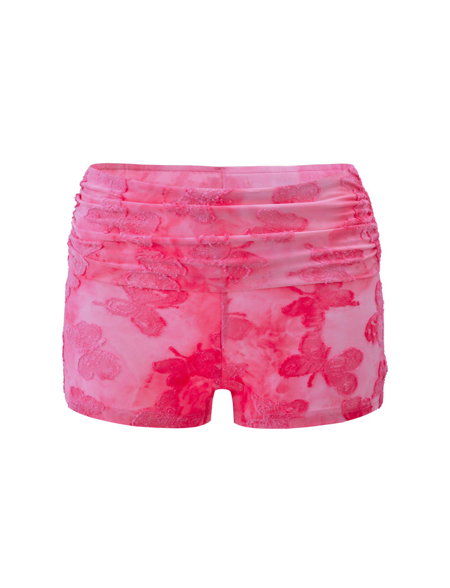 The PATRIZIA SHORT - PINK BUTTERFLY by TIGERMIST features high-waisted pink mesh with ruched detailing, embroidered floral patterns, and a delicate butterfly applique for a playful touch.