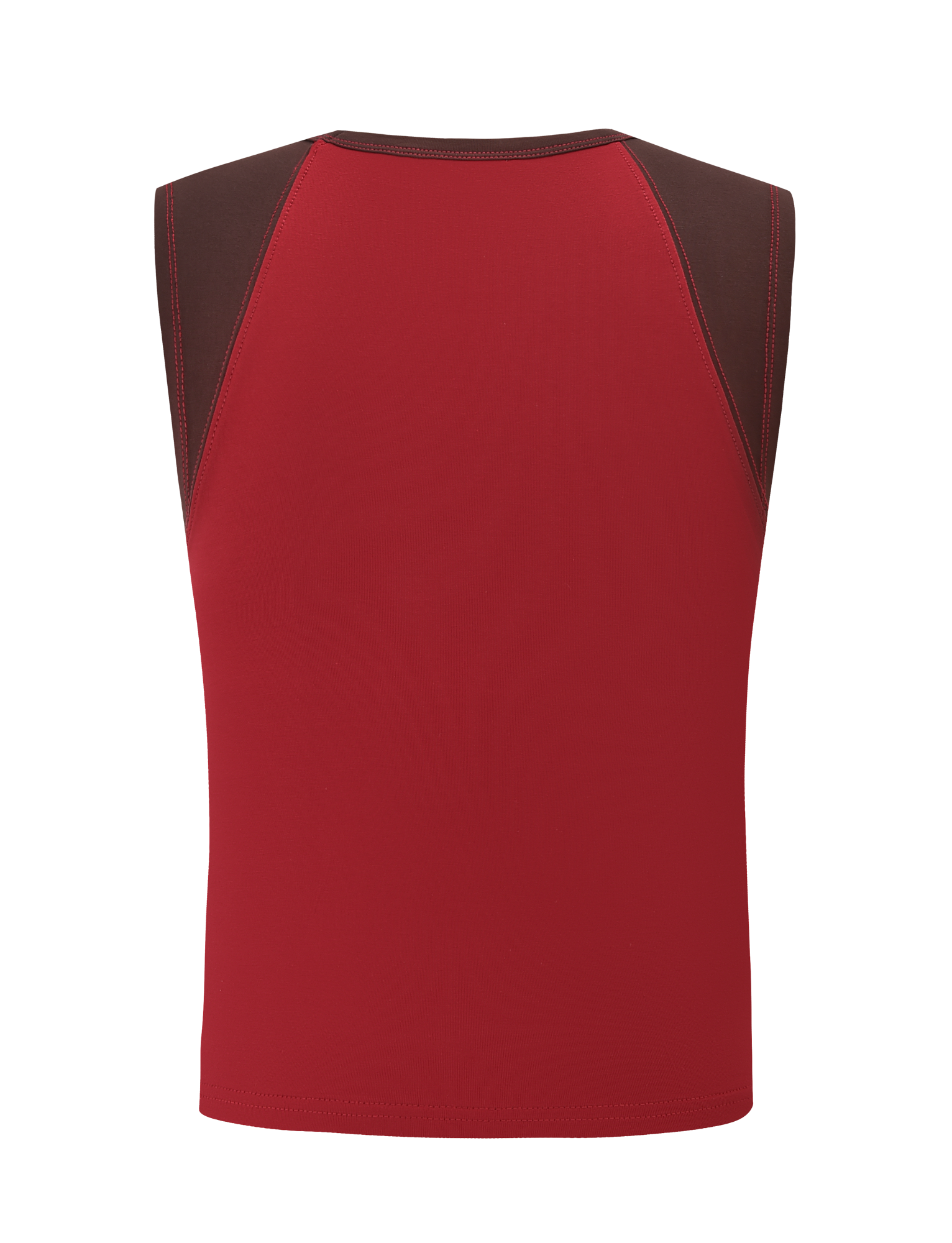 The FIERA TEE - RED by TIGERMIST is a sleeveless athletic top with a red body and dark brown shoulder panels, displayed from the back on a plain white background.