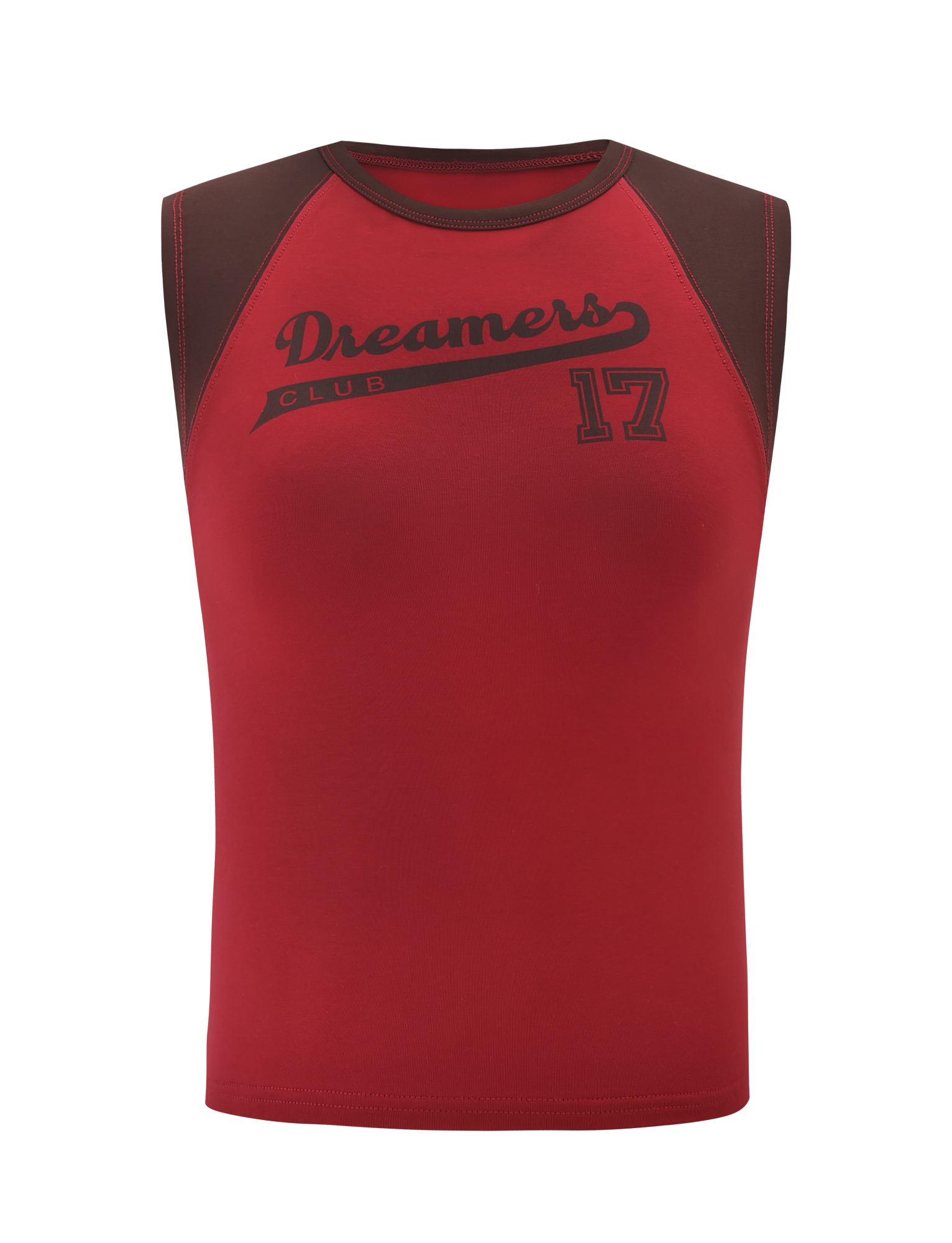 The TIGERMIST FIERA TEE - RED is a sleeveless top with dark brown shoulders and neckline, featuring "Dreamers Club" and the number 17 in black on the chest for a sporty take on a classic baseball style.