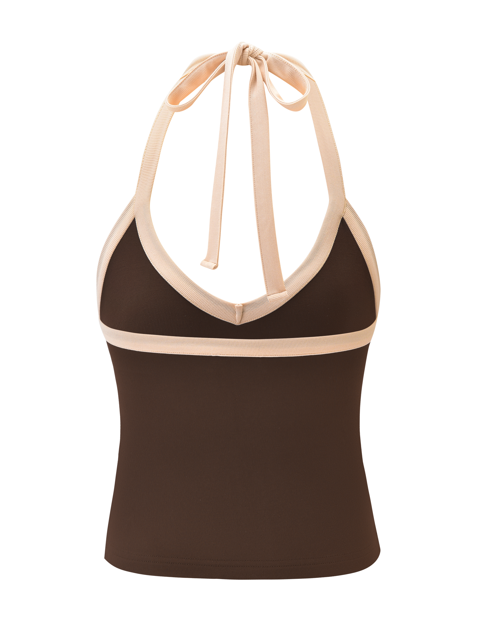 The ALYSIA TOP - CHOCOLATE by TIGERMIST is a halter neck top in chocolate brown with light beige trim, ribbed halter ties, and a stylish bow at the back of the neck.