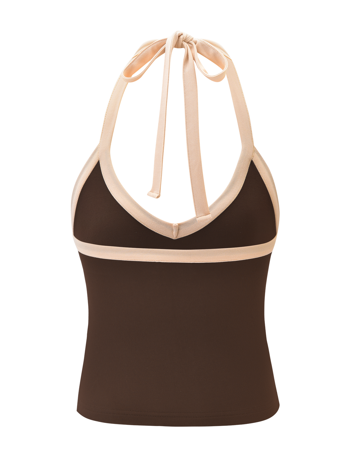 The ALYSIA TOP - CHOCOLATE by TIGERMIST is a halter neck top in chocolate brown with light beige trim, ribbed halter ties, and a stylish bow at the back of the neck.