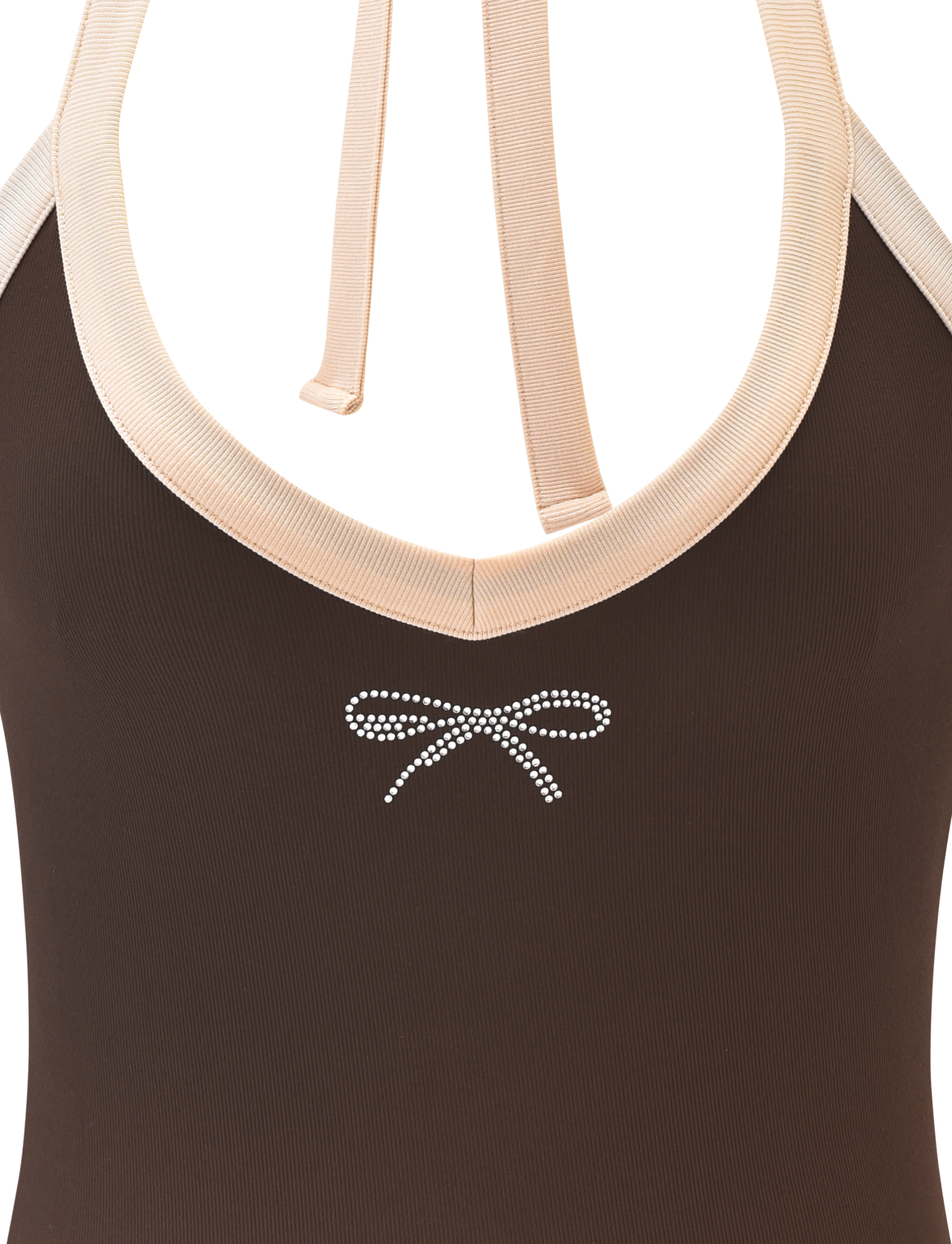 Close-up of the TIGERMIST ALYSIA TOP - CHOCOLATE, featuring a halter neck with light beige trim, ribbed ties, and a small white dotted bow printed below the neckline.