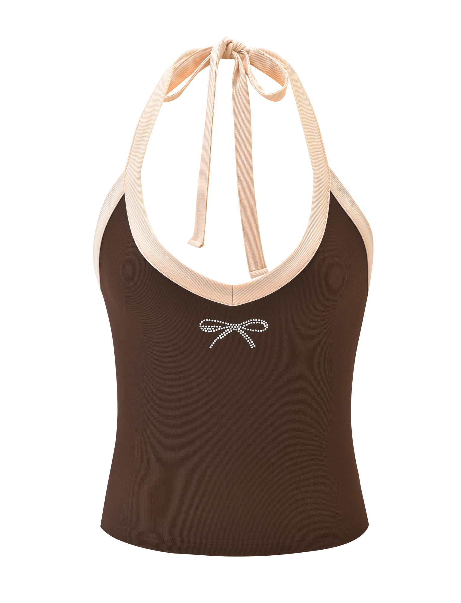 The TIGERMIST ALYSIA TOP - CHOCOLATE is a brown ribbed halter neck style with cream tie-back straps and a small diamanté applique bow on the chest.