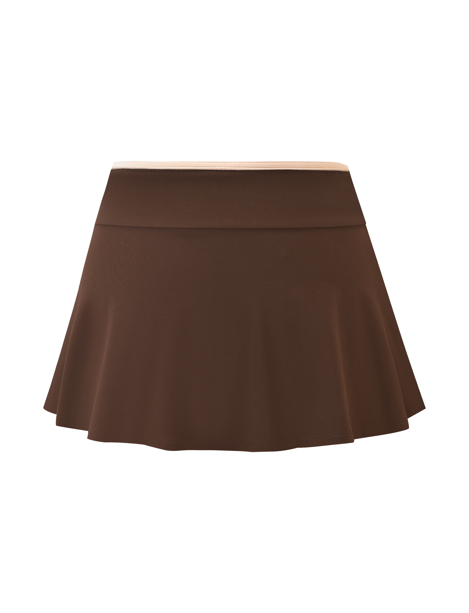 The ALYSIA SKORT - CHOCOLATE by TIGERMIST features a chocolate brown, flared A-line mini design with a fitted waistband, shown against a plain background.
