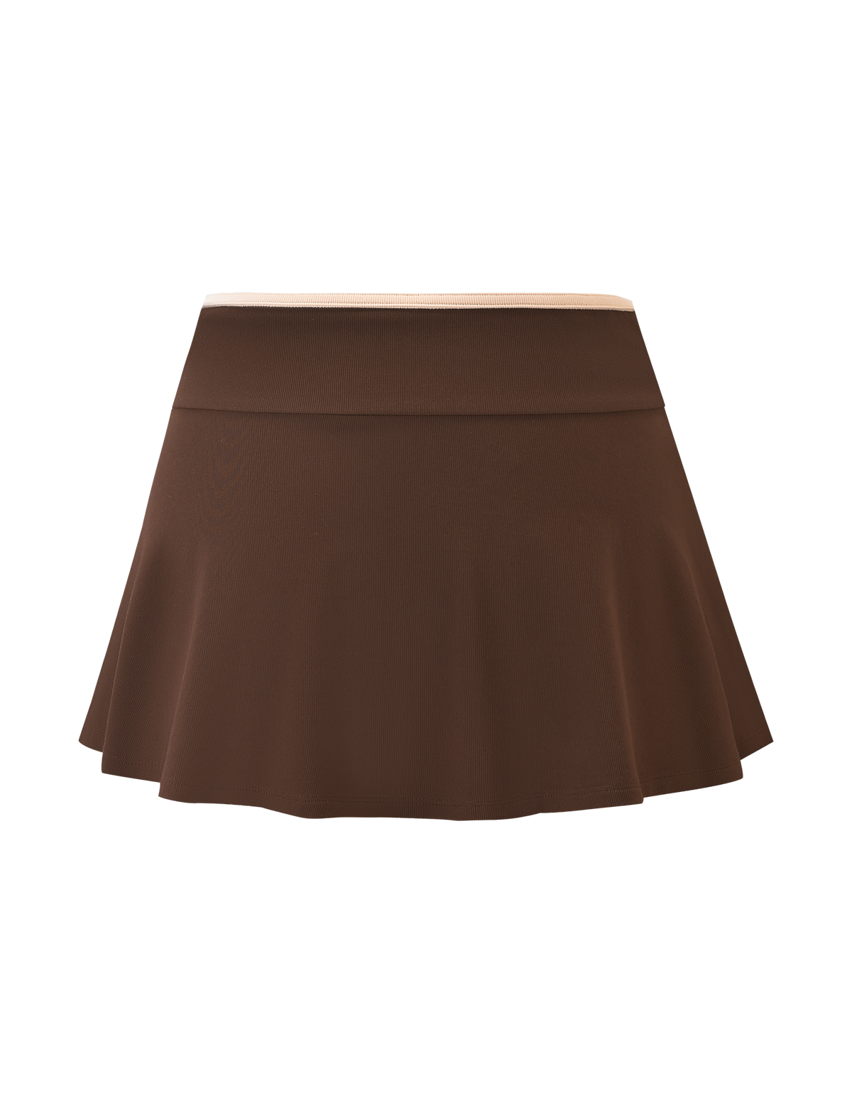 The ALYSIA SKORT - CHOCOLATE by TIGERMIST features a chocolate brown, flared A-line mini design with a fitted waistband, shown against a plain background.