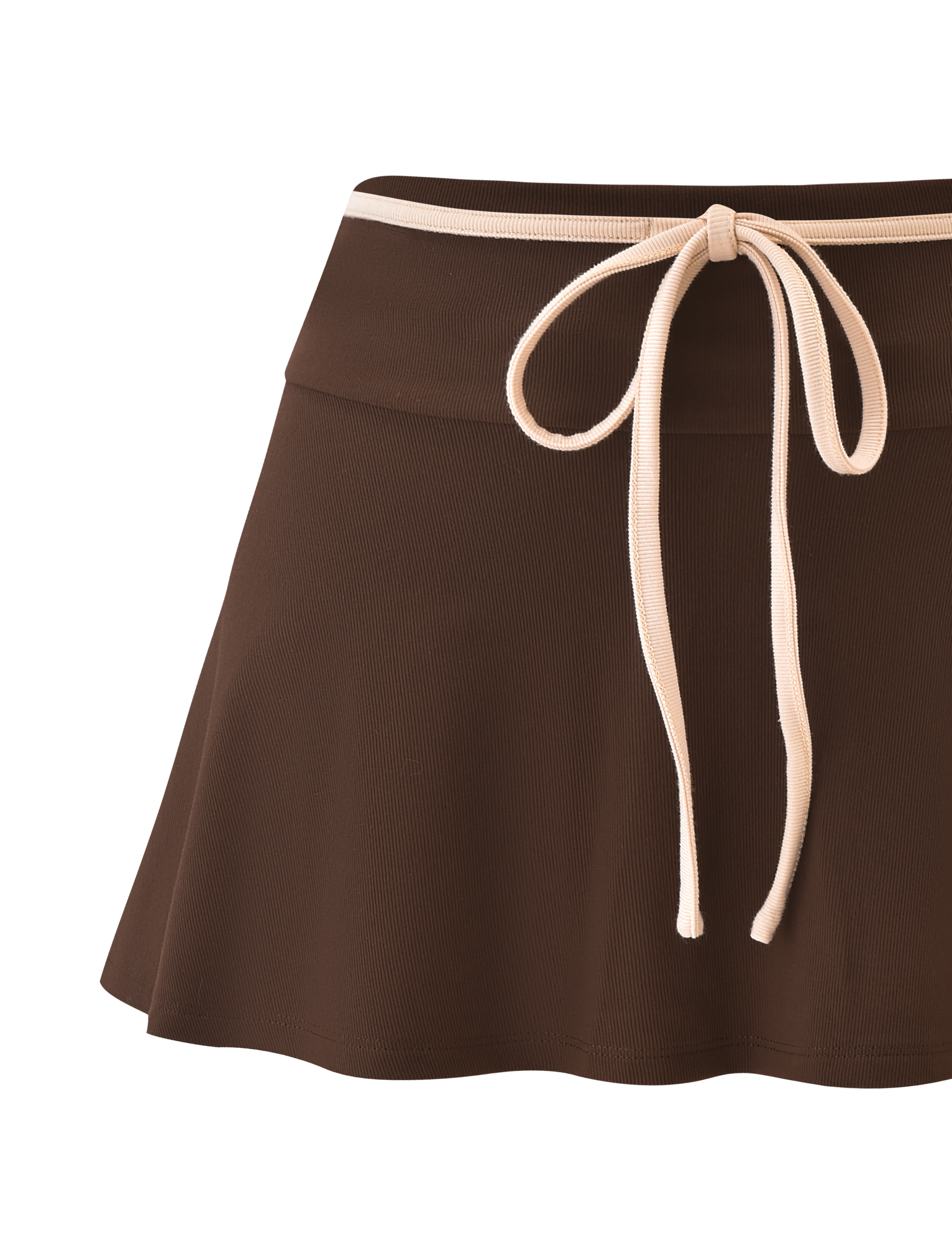The TIGERMIST ALYSIA SKORT in chocolate features an A-line mini design with a light beige drawstring waist, shown against a plain background.