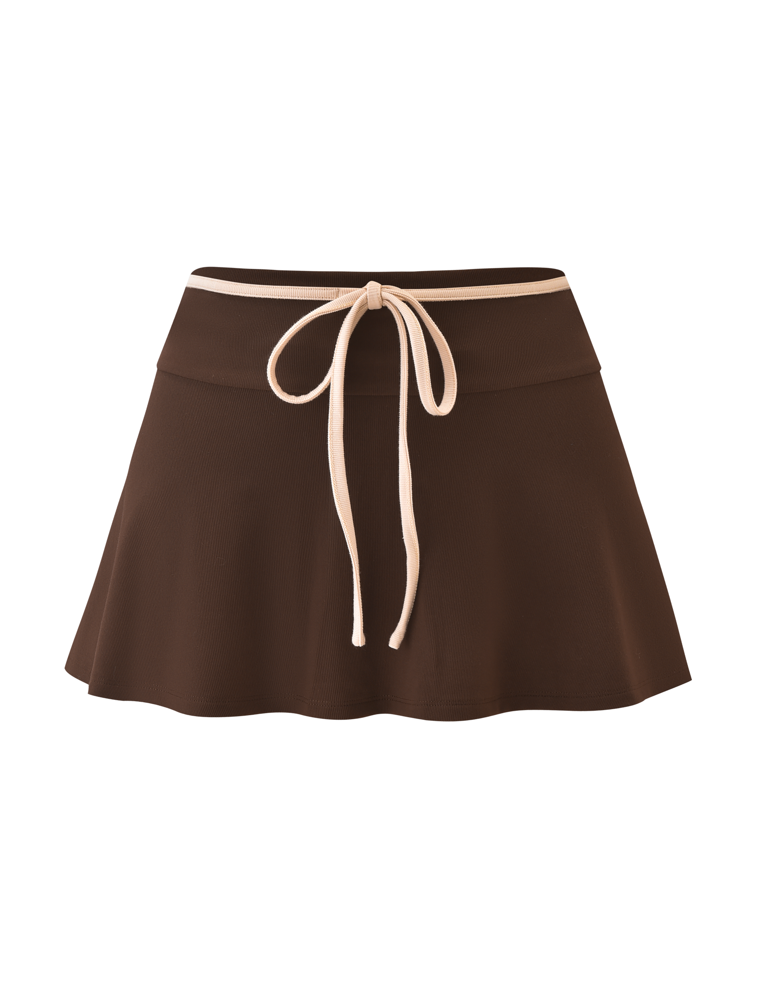 The TIGERMIST ALYSIA SKORT - CHOCOLATE is a brown A-line mini skort featuring a flared hem and a beige drawstring bow at the wide waistband.