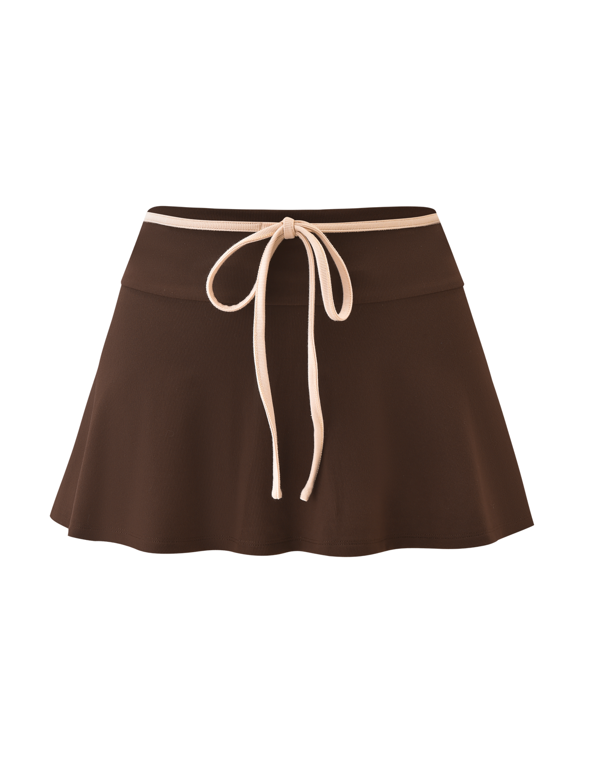 The TIGERMIST ALYSIA SKORT - CHOCOLATE is a brown A-line mini skort featuring a flared hem and a beige drawstring bow at the wide waistband.