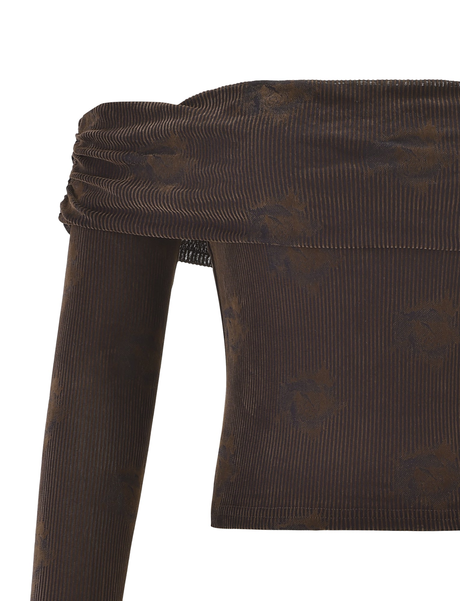 Close-up of the KORRA TOP - CHOCOLATE ROSE by TIGERMIST featuring brown ribbed fabric, subtle textured patterns, and an off-shoulder folded edge with a ruched effect.