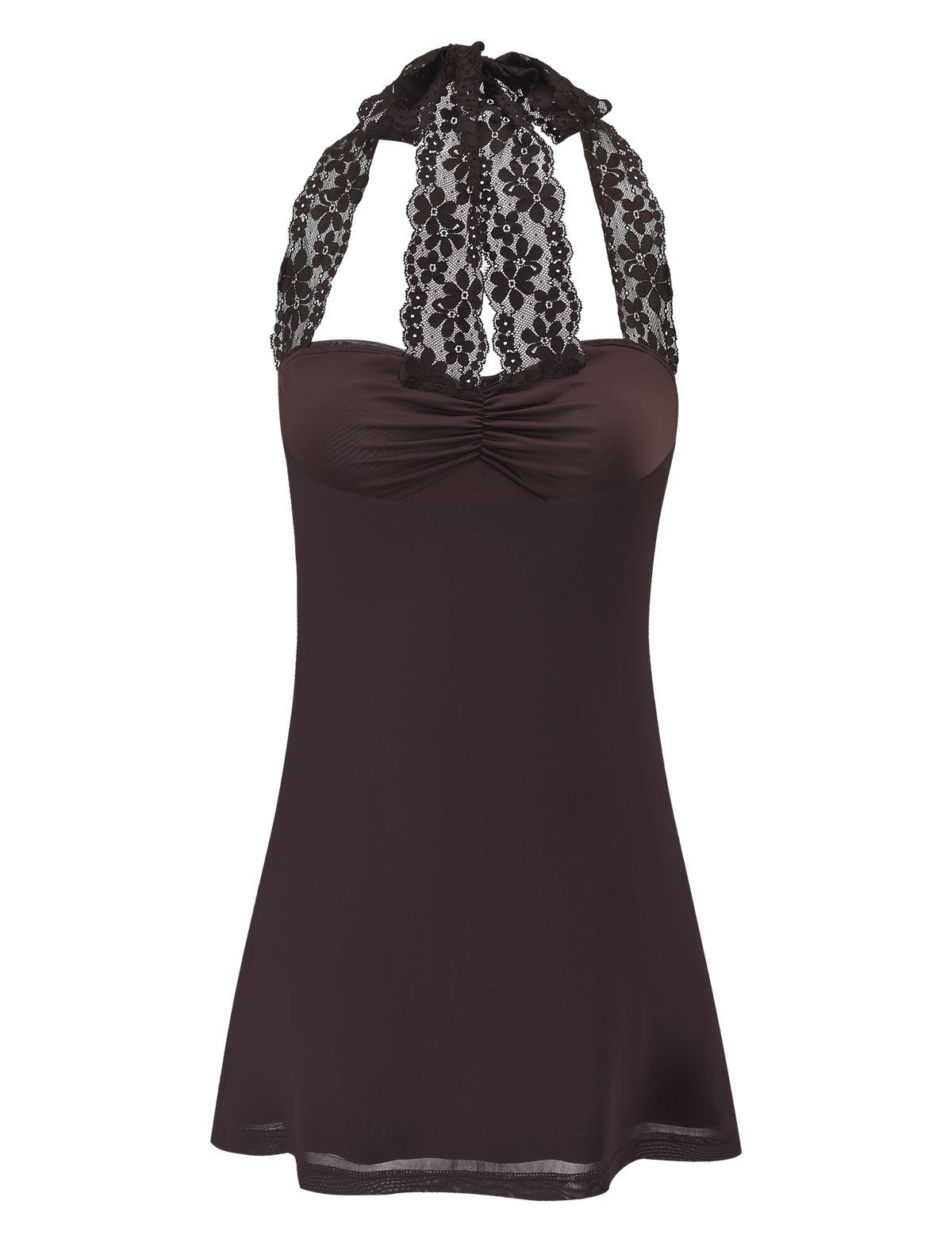 The TIGERMIST TAWNY MINI DRESS - CHOCOLATE is a sleeveless halter dress featuring a lace neckline and straps, gathered bust, and a flowy, slightly sheer skirt.