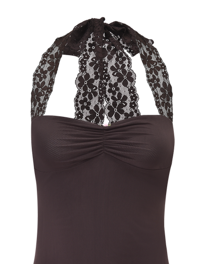 A close-up of the TIGERMIST TAWNY MINI DRESS in chocolate, featuring a lace halter design with a sweetheart neckline, floral lace straps, and ruched bust detail, displayed on a plain white background.