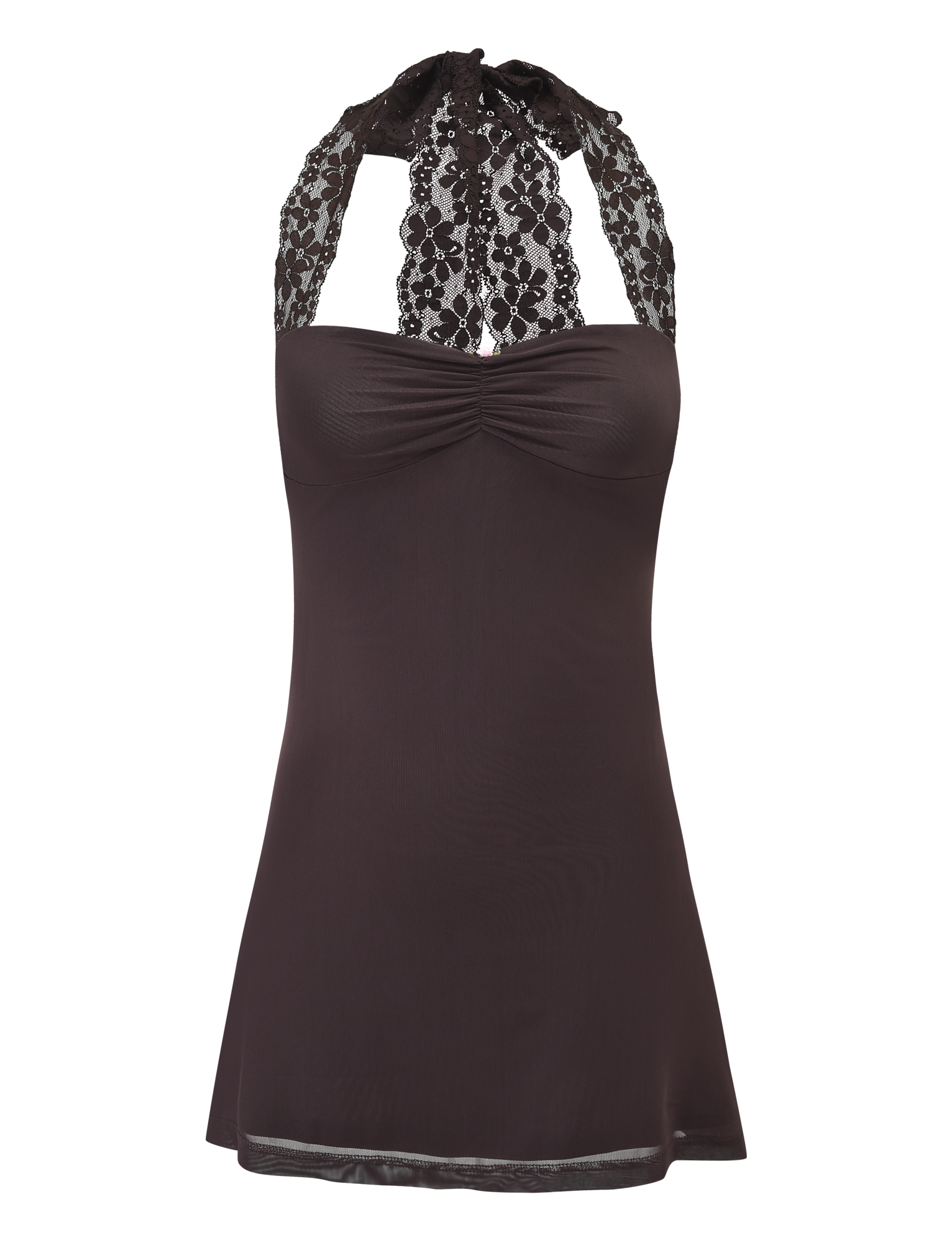 The TAWNY MINI DRESS - CHOCOLATE by TIGERMIST is a sleeveless lace halter dress in dark brown, featuring a ruched bust, wide tie straps, sweetheart neckline, fitted bodice, and a slightly flared short hemline.