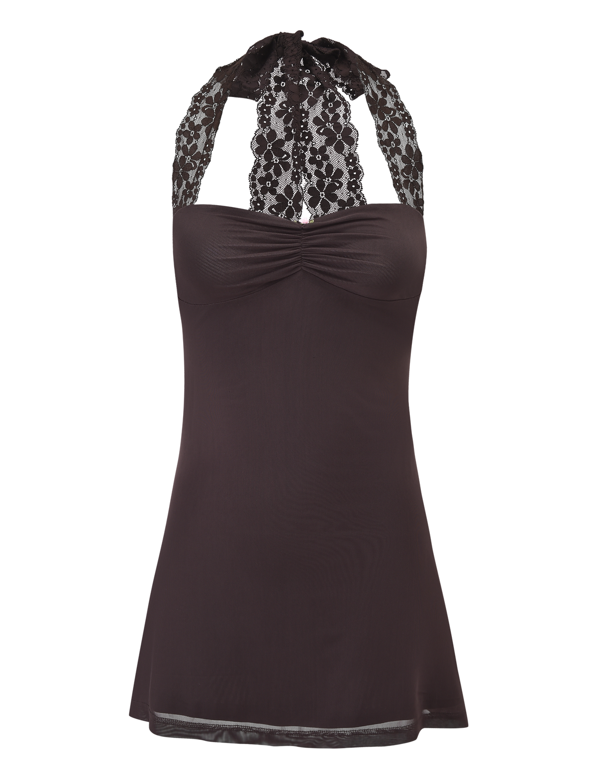 The TAWNY MINI DRESS - CHOCOLATE by TIGERMIST is a sleeveless lace halter dress in dark brown, featuring a ruched bust, wide tie straps, sweetheart neckline, fitted bodice, and a slightly flared short hemline.