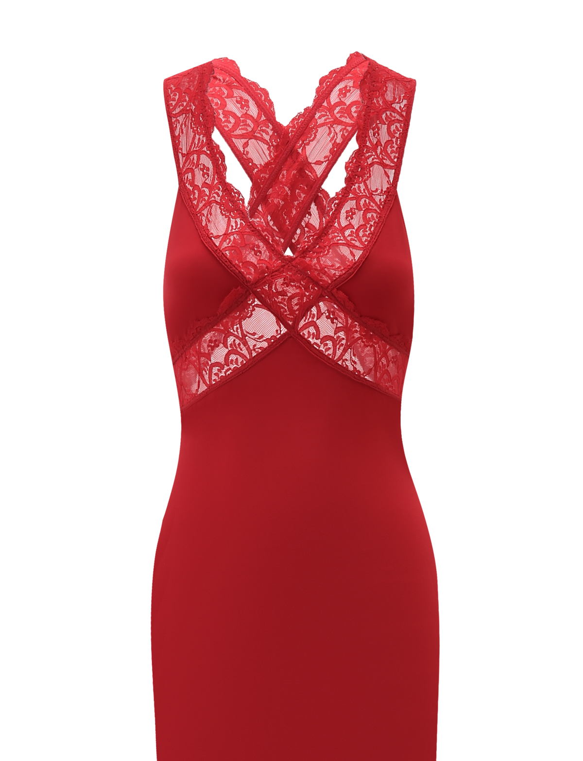 The SERAPHINE MAXI DRESS by TIGERMIST is a sleeveless red lace bodycon maxi with crisscross detailing on the chest and shoulders, featuring sheer lace panels.