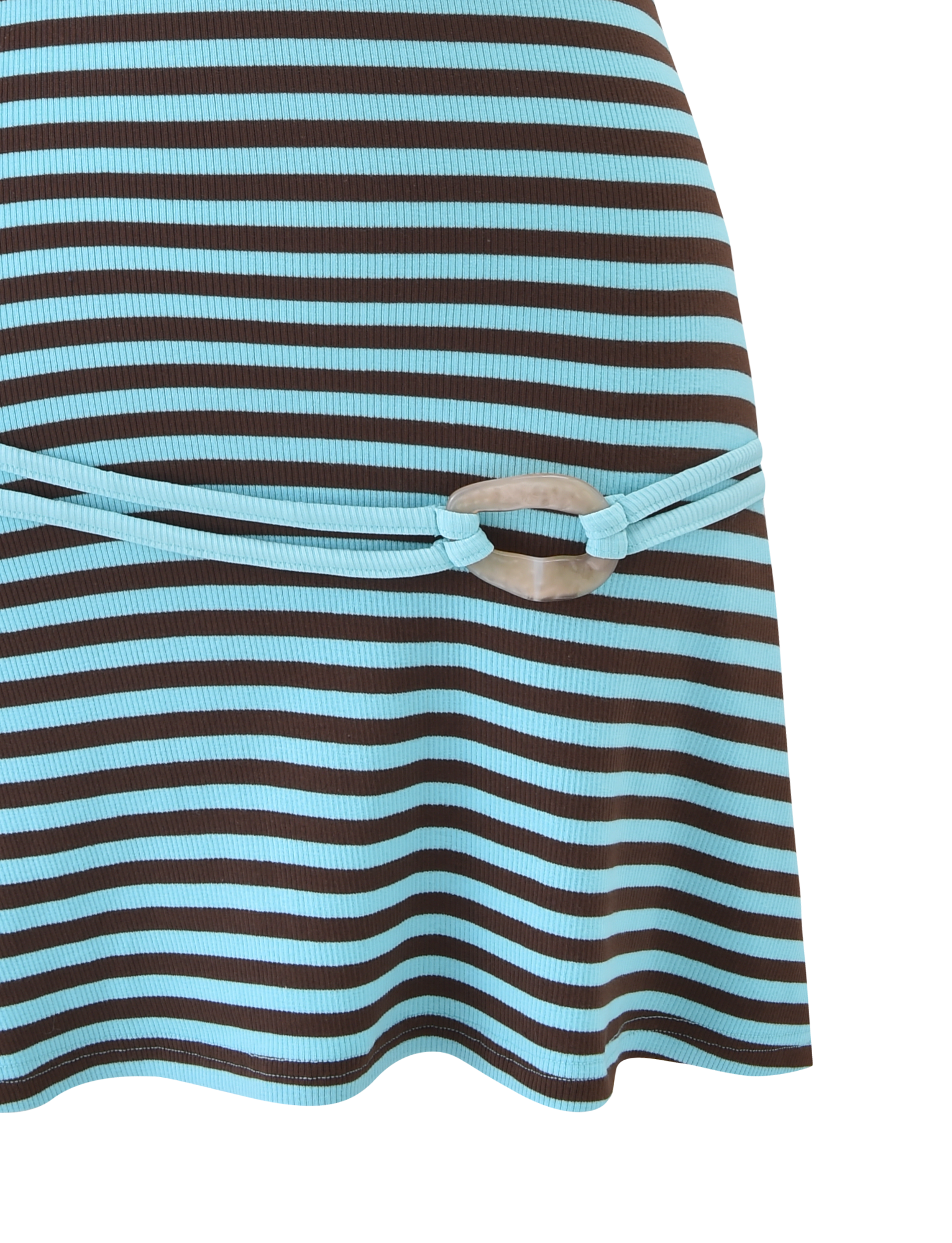 Close-up of the TIGERMIST CELESTE MINI DRESS - BLUE STRIPE, a ribbed, turquoise and brown striped mini dress with a decorative waist belt featuring an oval buckle.